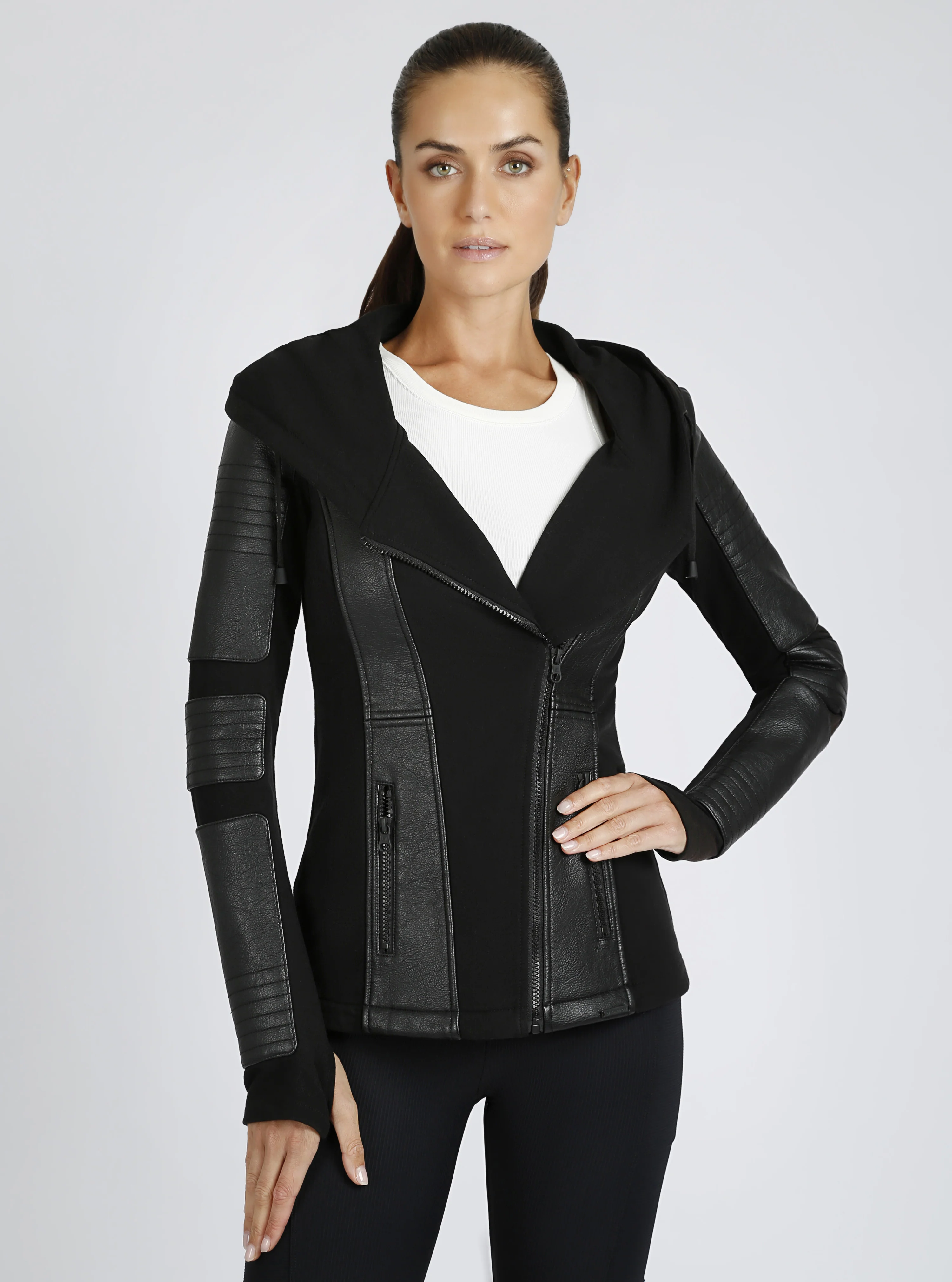Asym Vegan Leather Hooded Moto - Black Bonded French Terry - Image 4