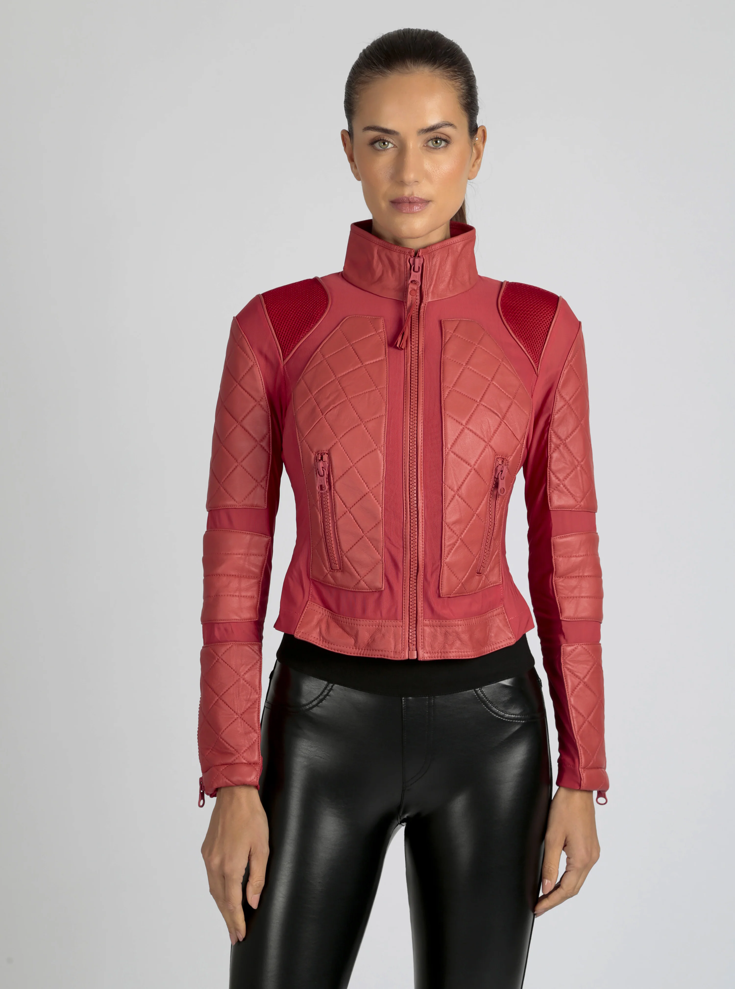Classic Leather Mesh Moto Jacket Azure or Watermelon (Cranberry) - Image 12
