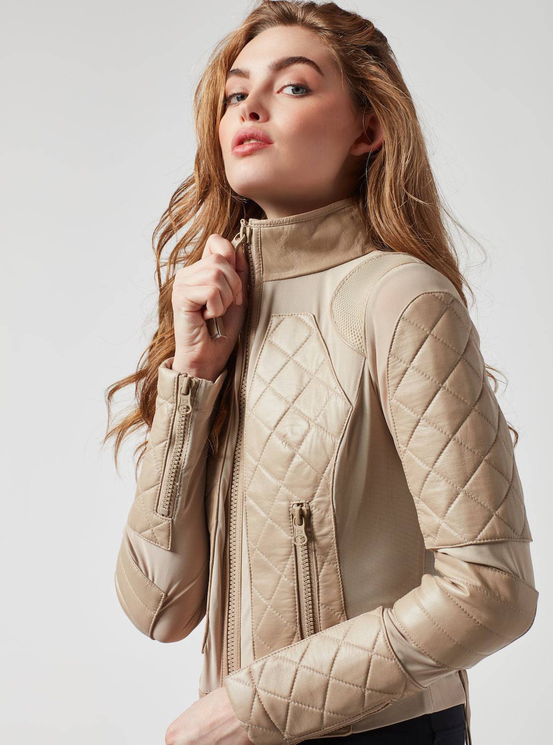 Classic Moto Mesh Jacket Leather Quilted - Light Taupe - Image 3