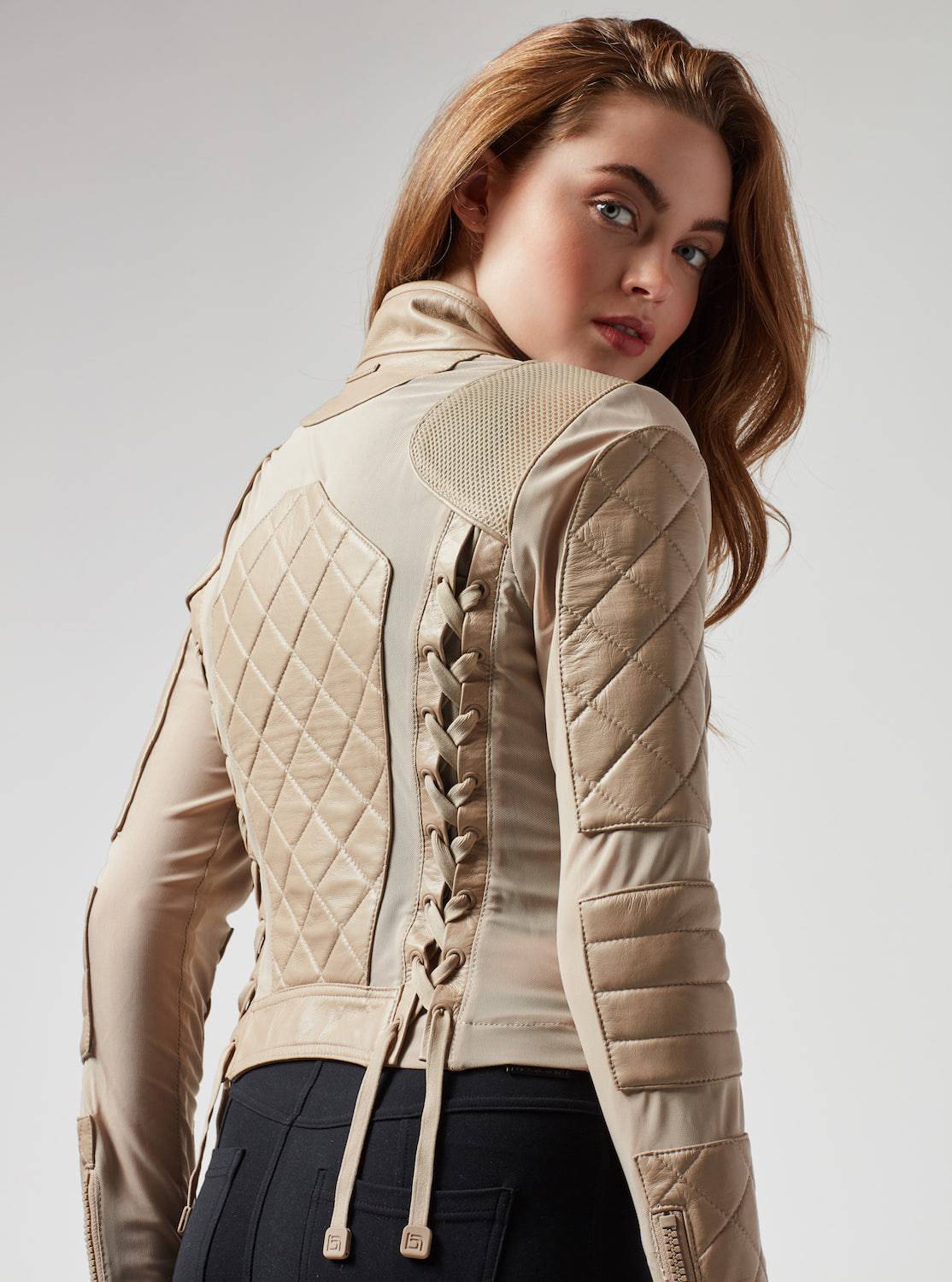 Classic Moto Mesh Jacket Leather Quilted - Light Taupe - Image 6