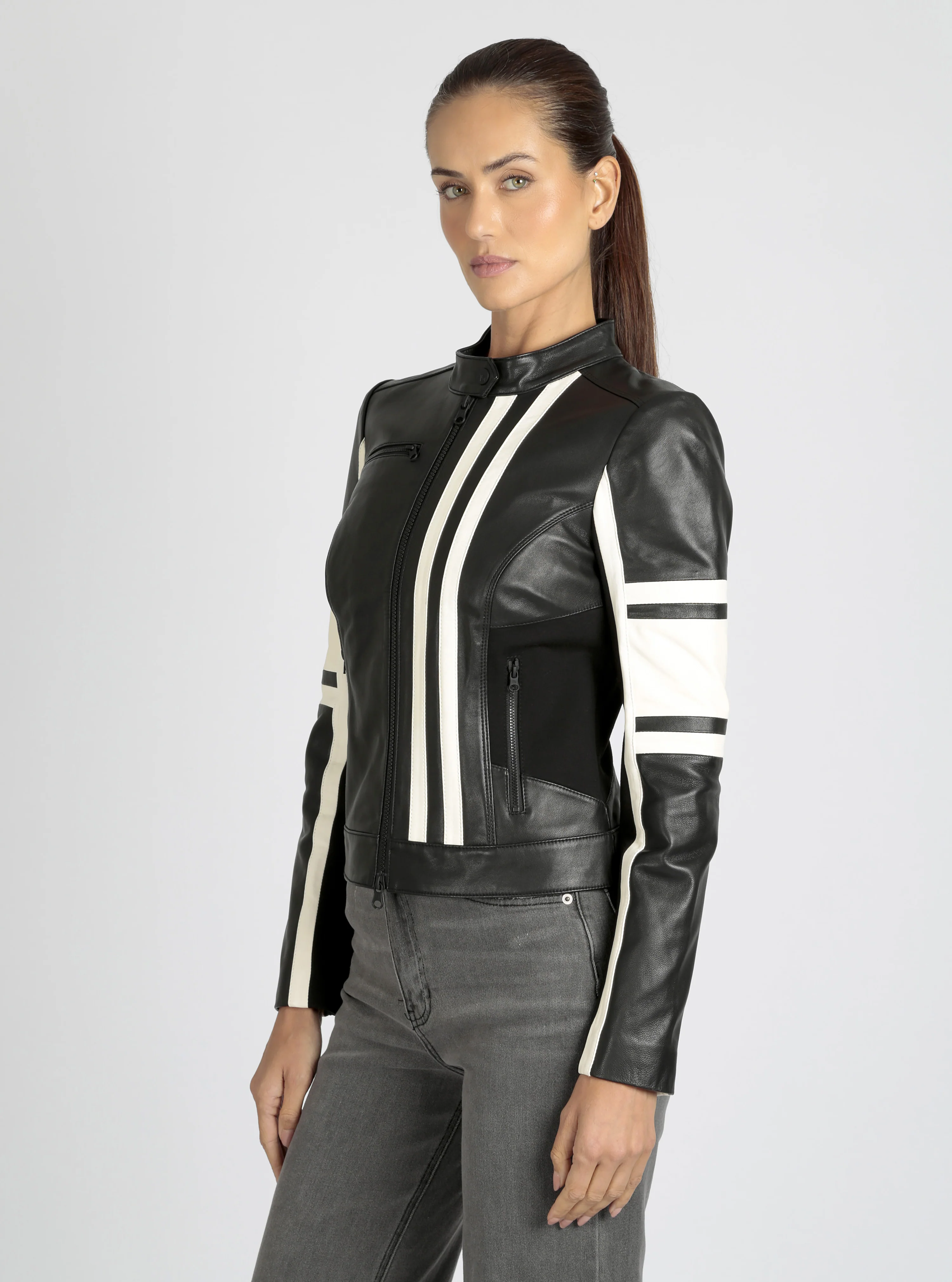 Claudine Genuine Leather Racer Stripe Moto Jacket - Image 12