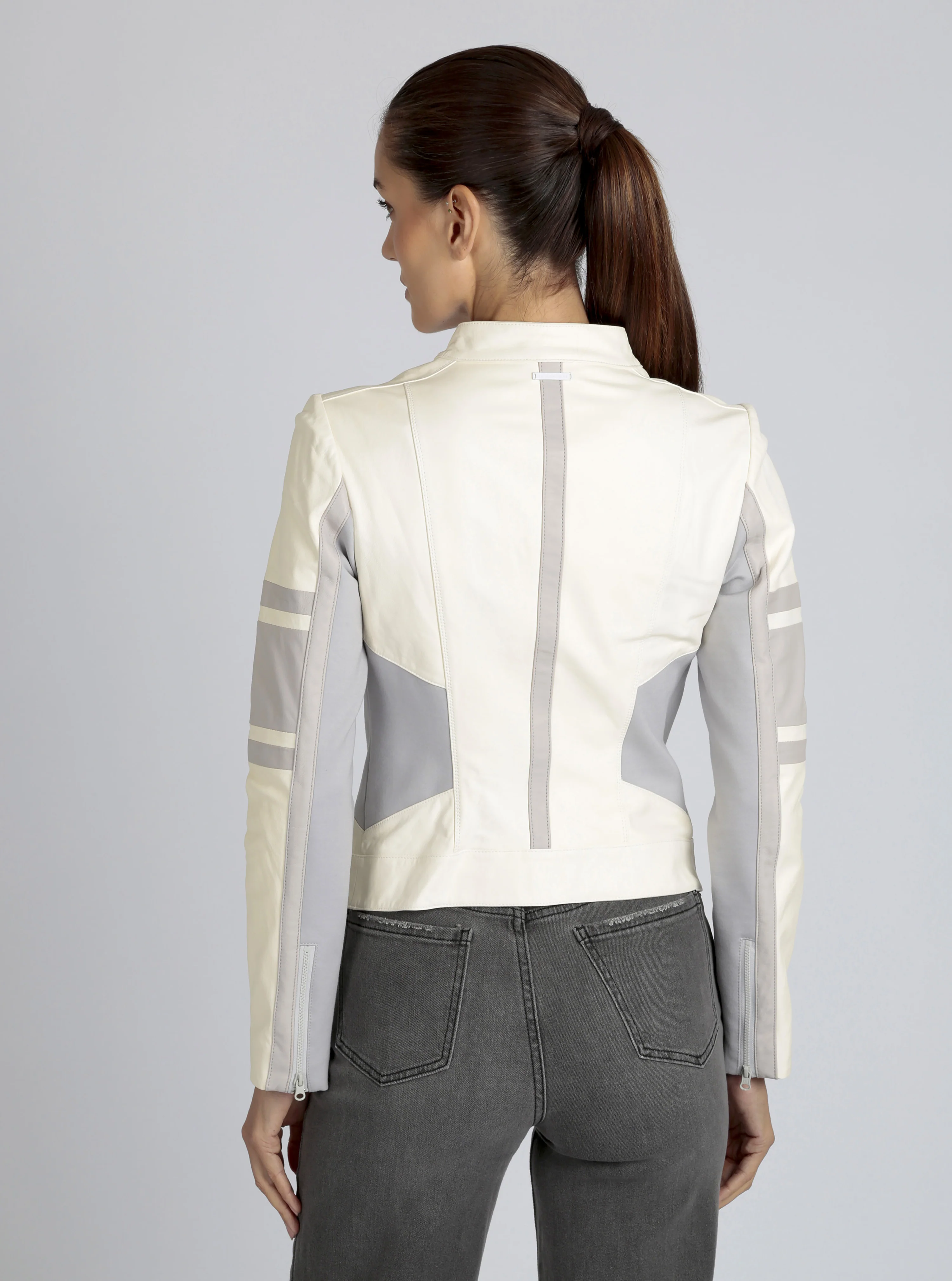 Claudine Genuine Leather Racer Stripe Moto Jacket - Image 17