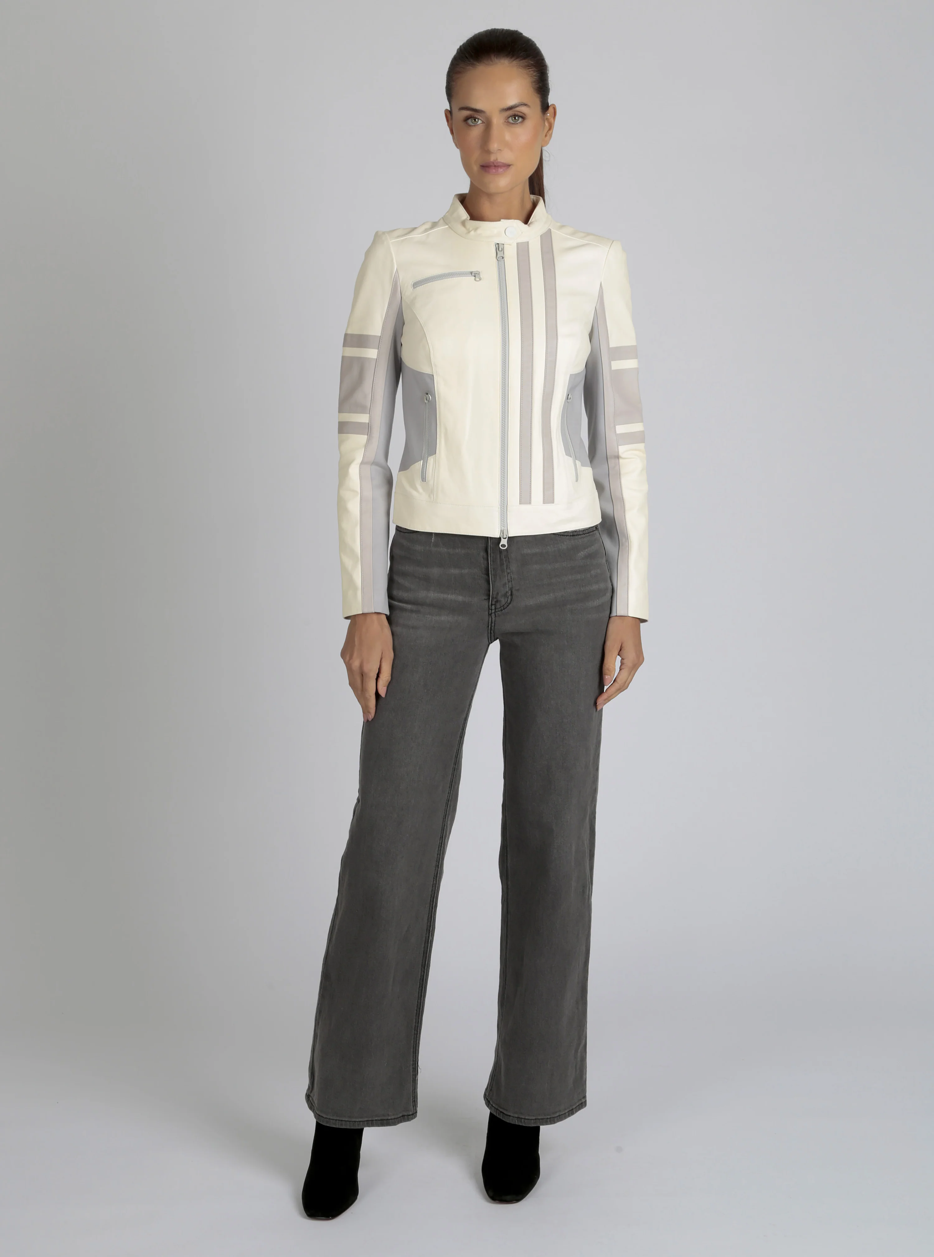 Claudine Genuine Leather Racer Stripe Moto Jacket - Image 18