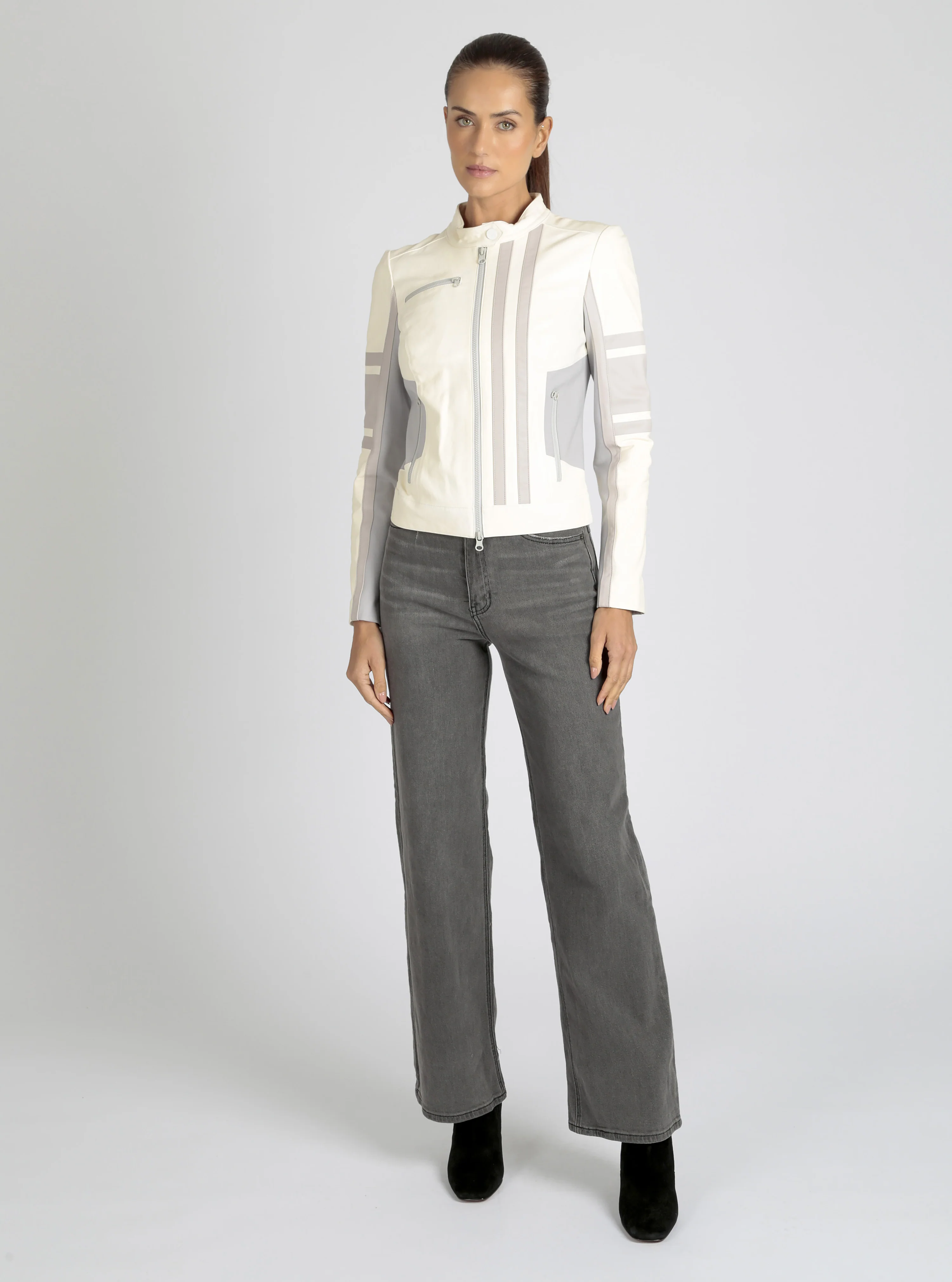 Claudine Genuine Leather Racer Stripe Moto Jacket - Image 20