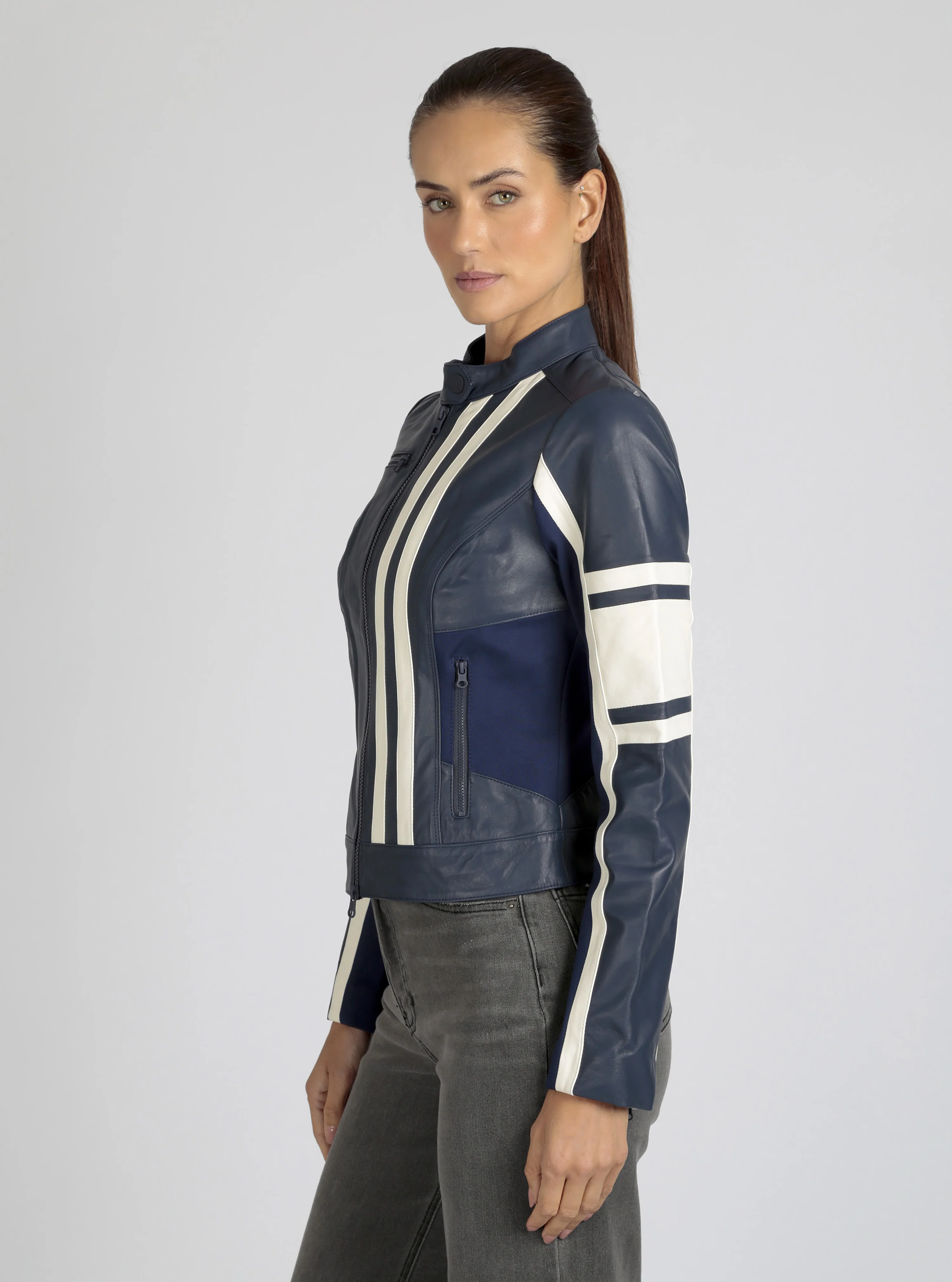 Claudine Genuine Leather Racer Stripe Moto Jacket - Image 21