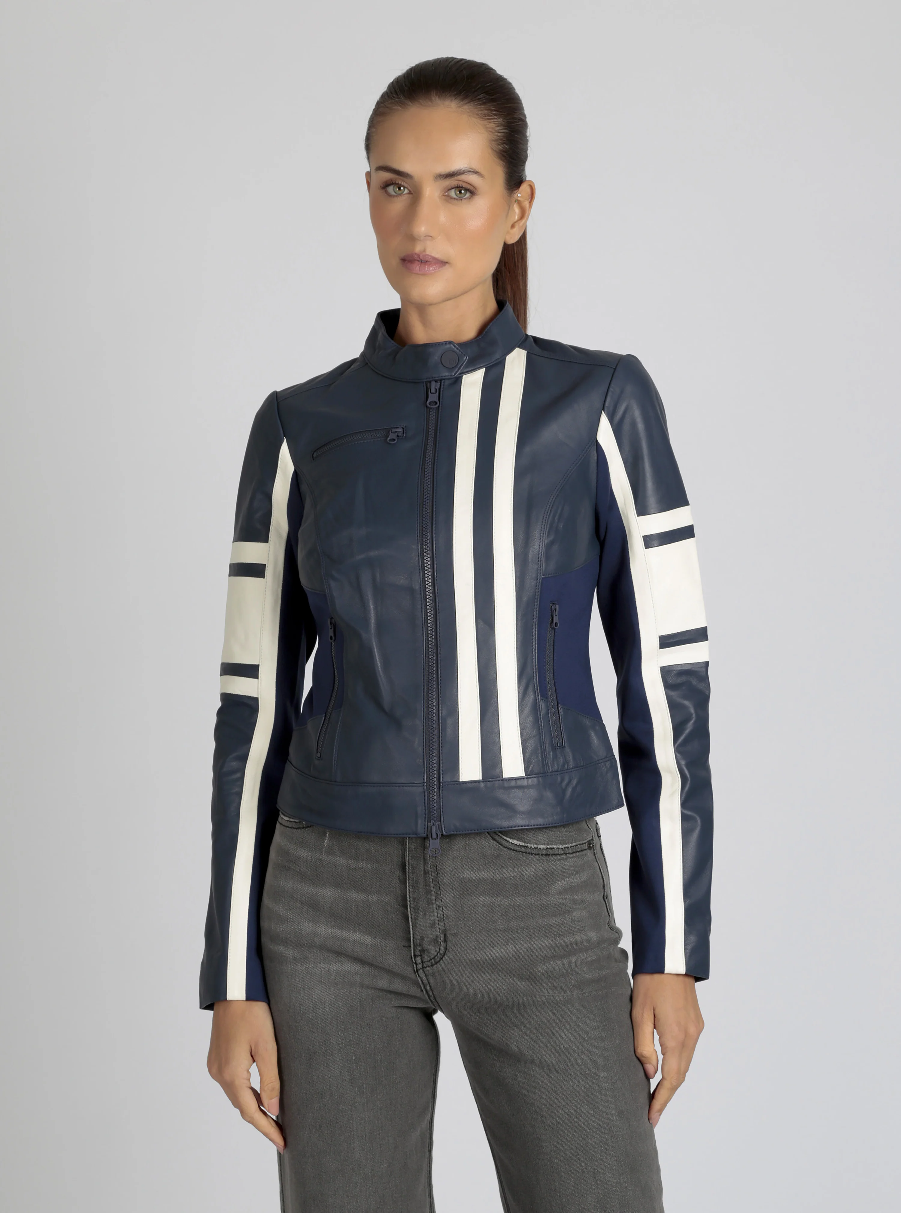 Claudine Genuine Leather Racer Stripe Moto Jacket - Image 22