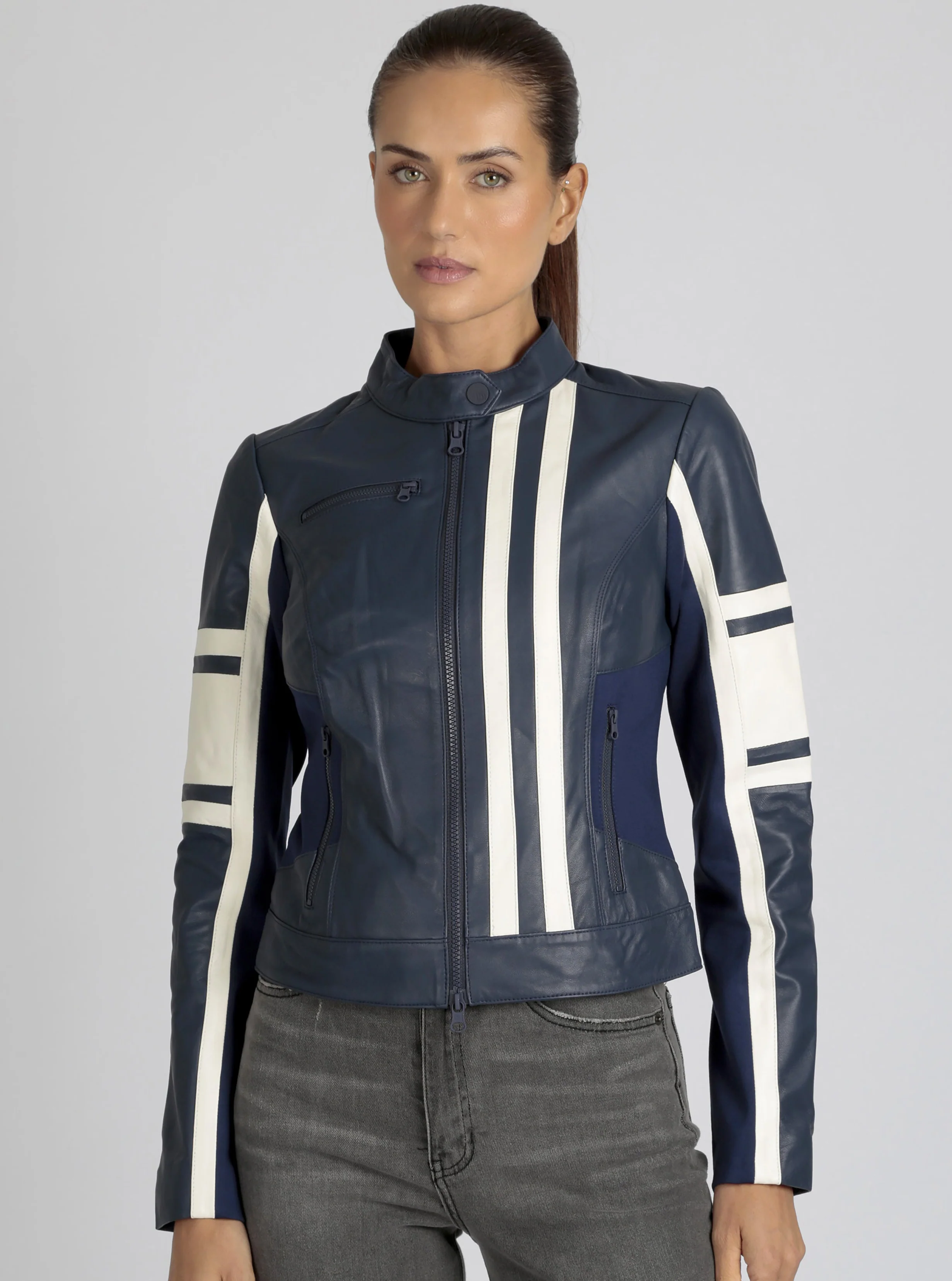 Claudine Genuine Leather Racer Stripe Moto Jacket - Image 3