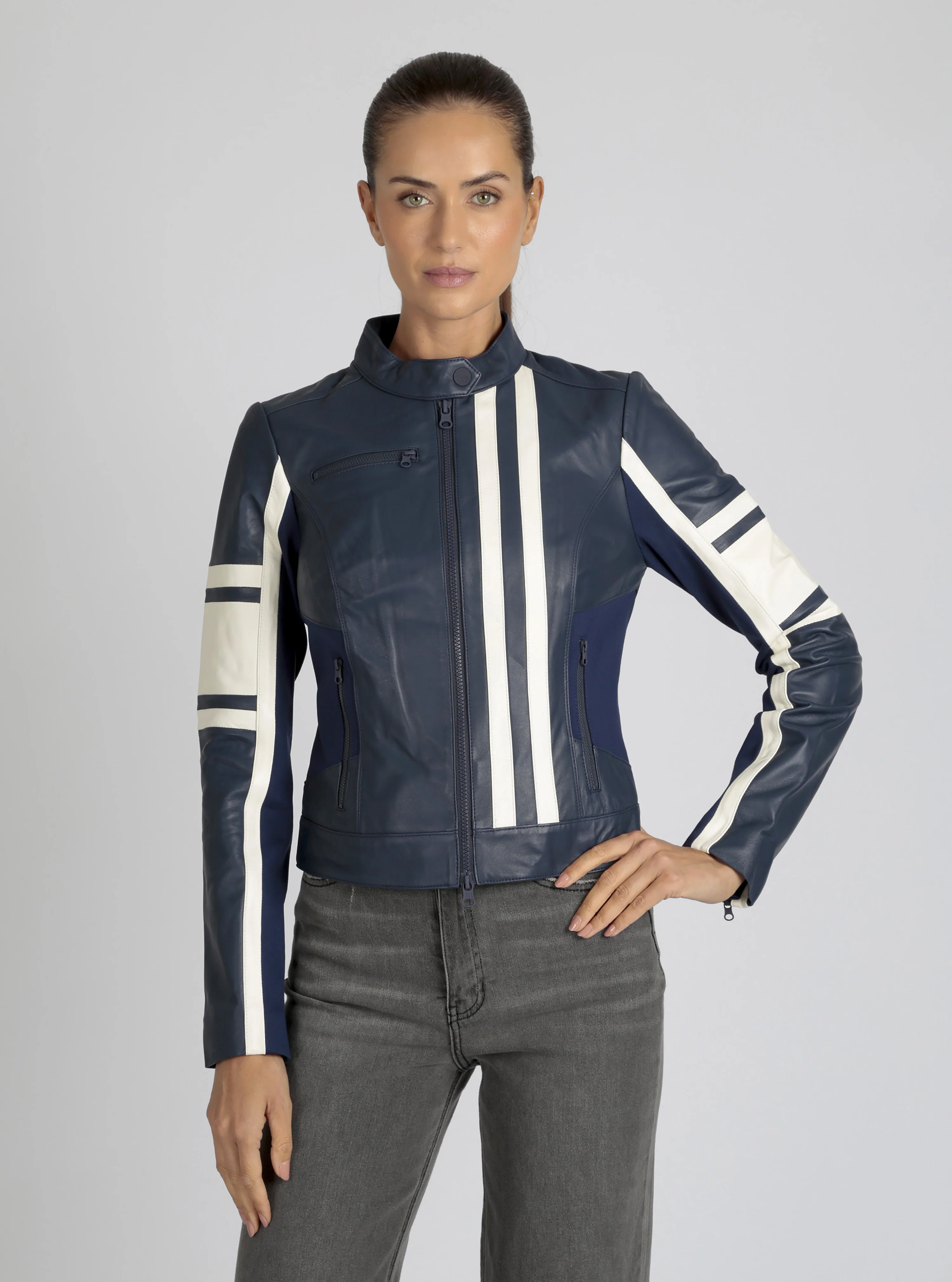 Claudine Genuine Leather Racer Stripe Moto Jacket - Image 5