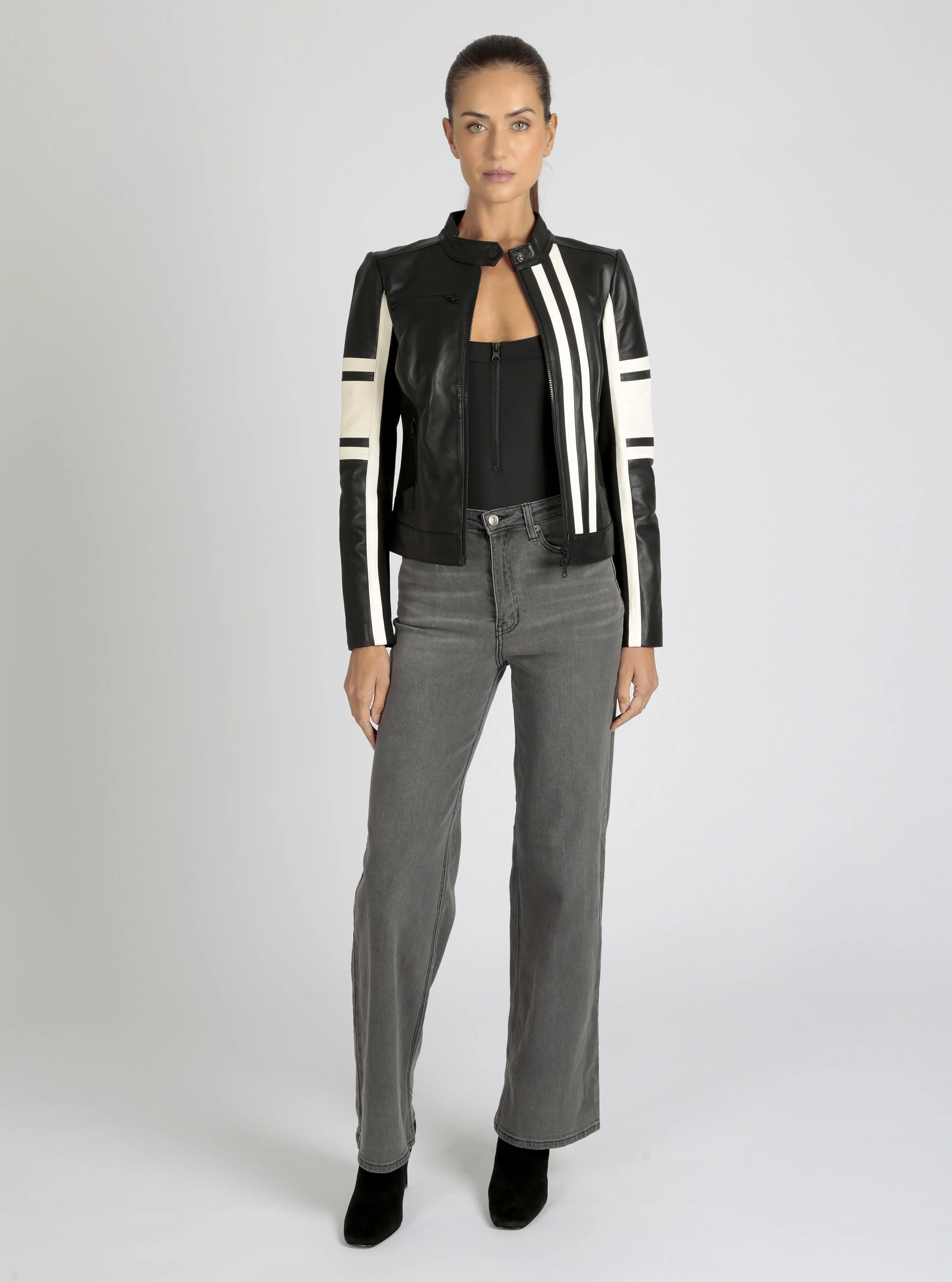 Claudine Genuine Leather Racer Stripe Moto Jacket - Image 7