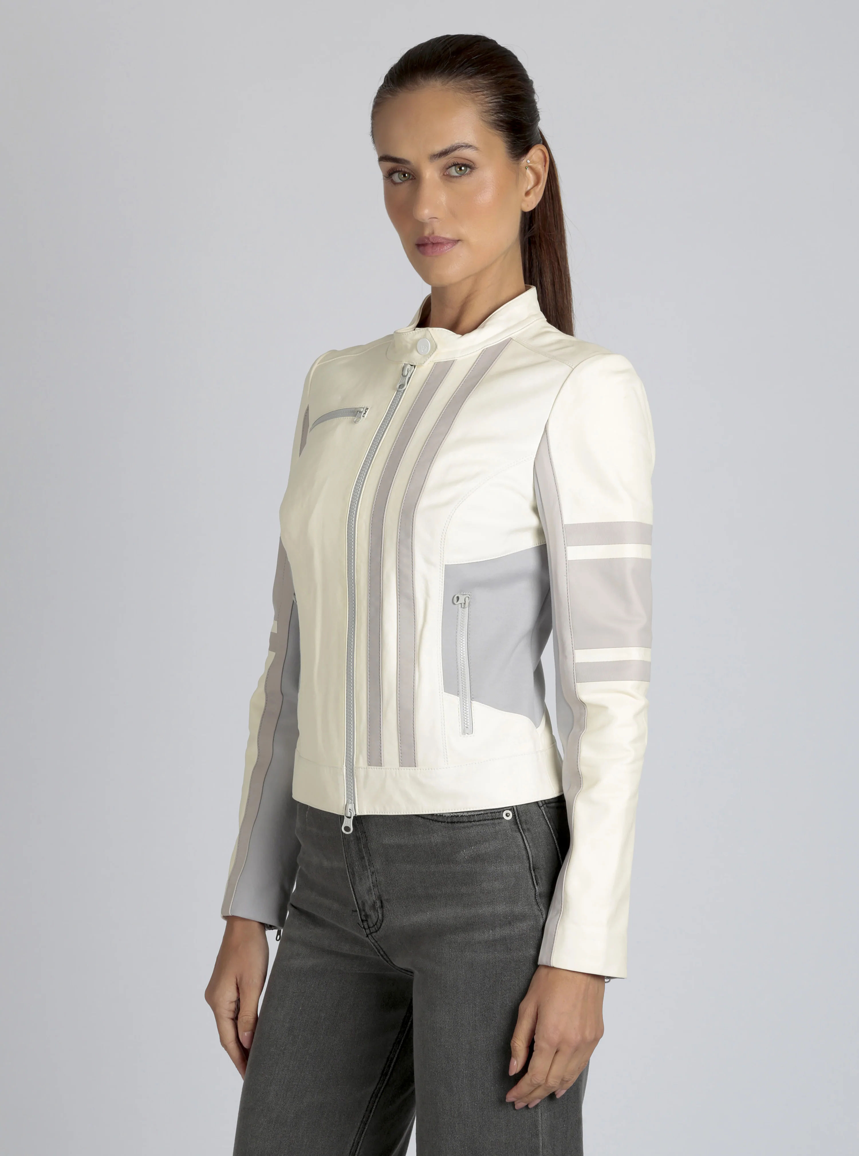 Claudine Genuine Leather Racer Stripe Moto Jacket - Image 8