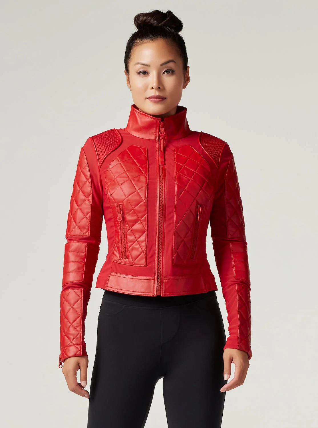 Genuine Leather Panel Classic Leather Mesh Moto Jacket - Haute Red with Lace Up Back - Image 3
