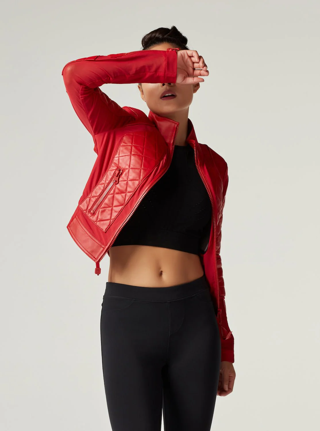 Genuine Leather Panel Classic Leather Mesh Moto Jacket - Haute Red with Lace Up Back - Image 8