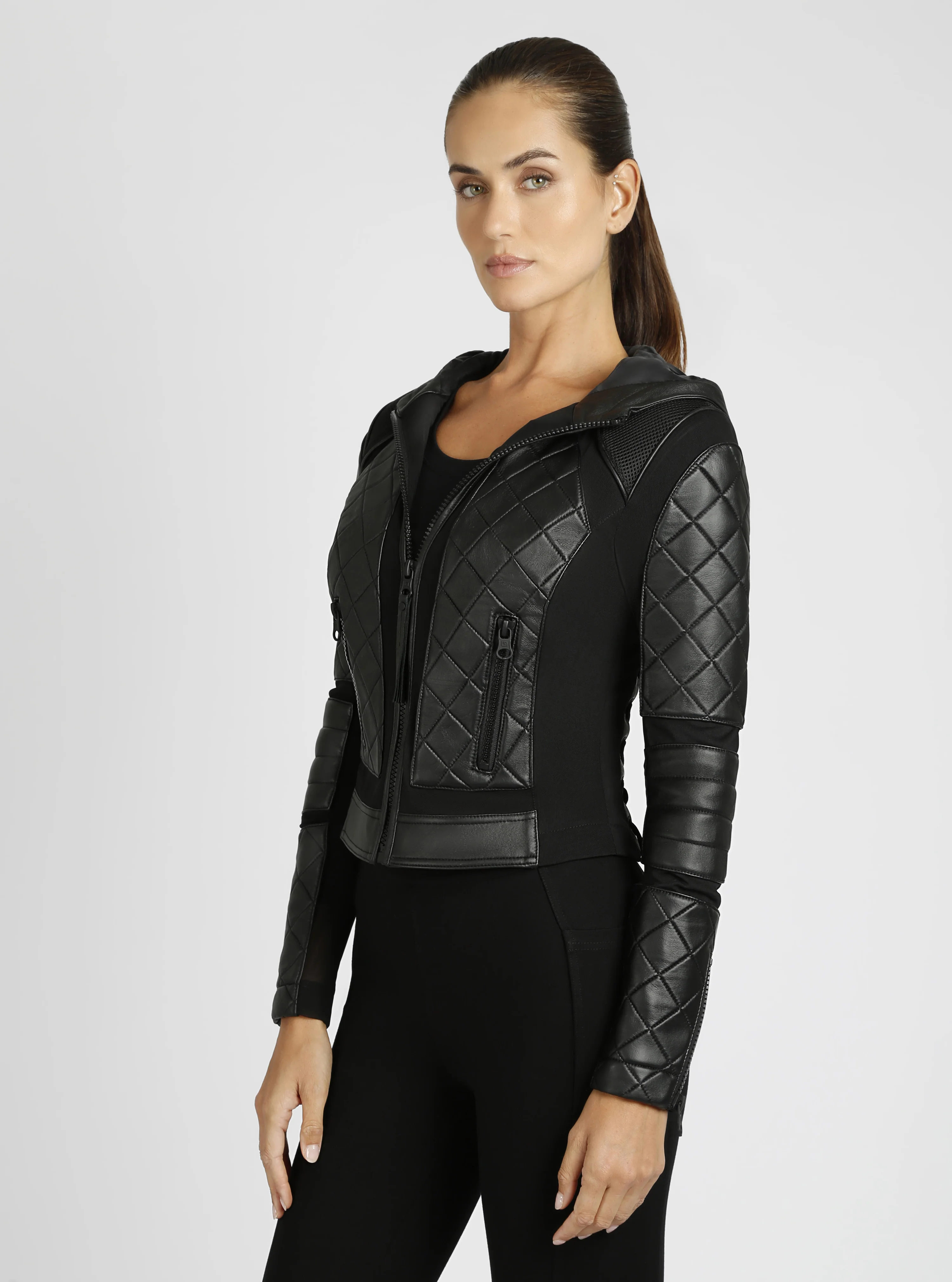 Hooded Mesh Genuine Leather Moto Jacket - Image 4