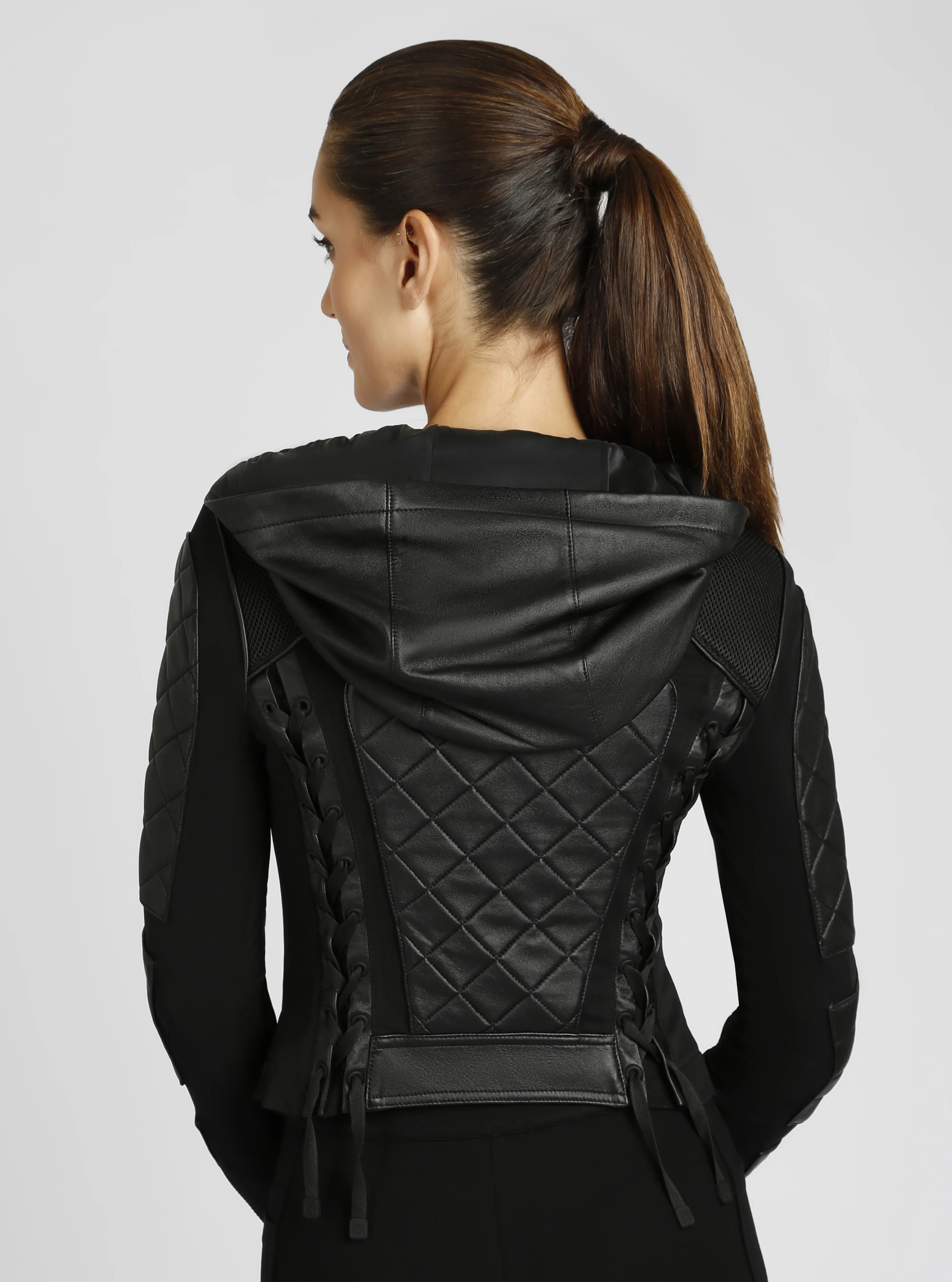 Hooded Mesh Genuine Leather Moto Jacket - Image 5