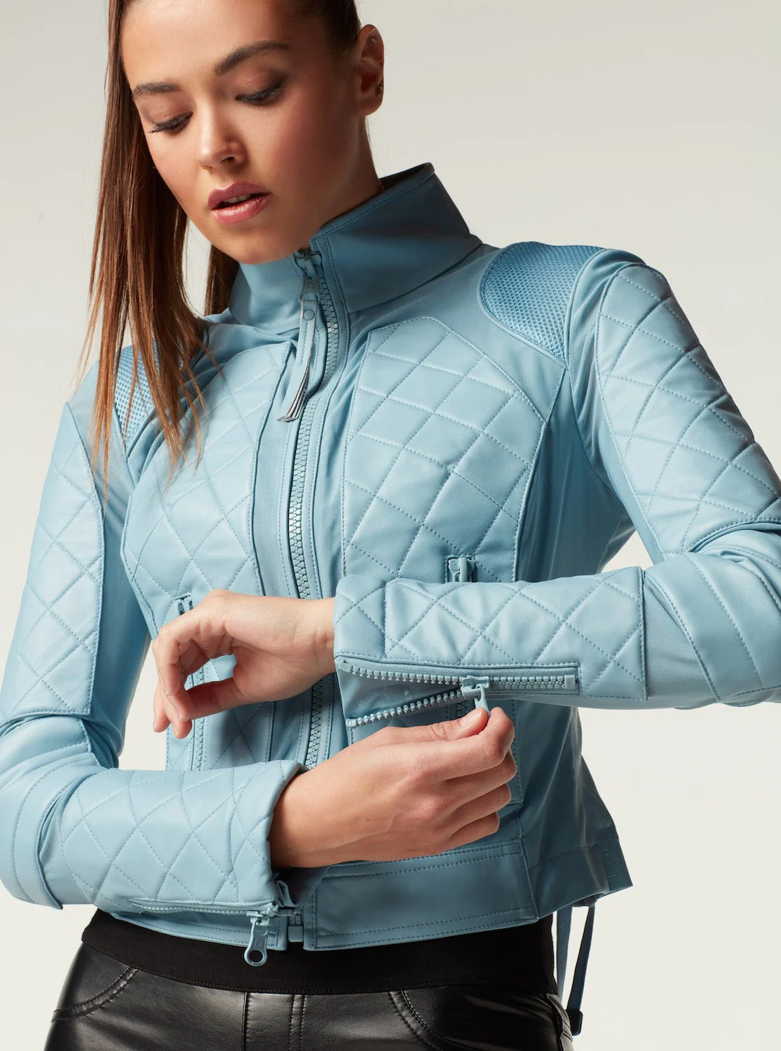 Leather Moto Mesh Jacket - Sky Blue - Image 5
