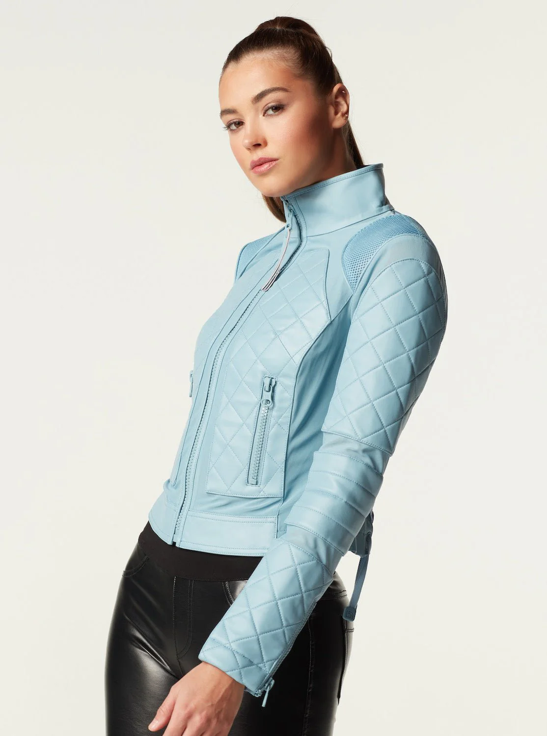 Leather Moto Mesh Jacket - Sky Blue - Image 6