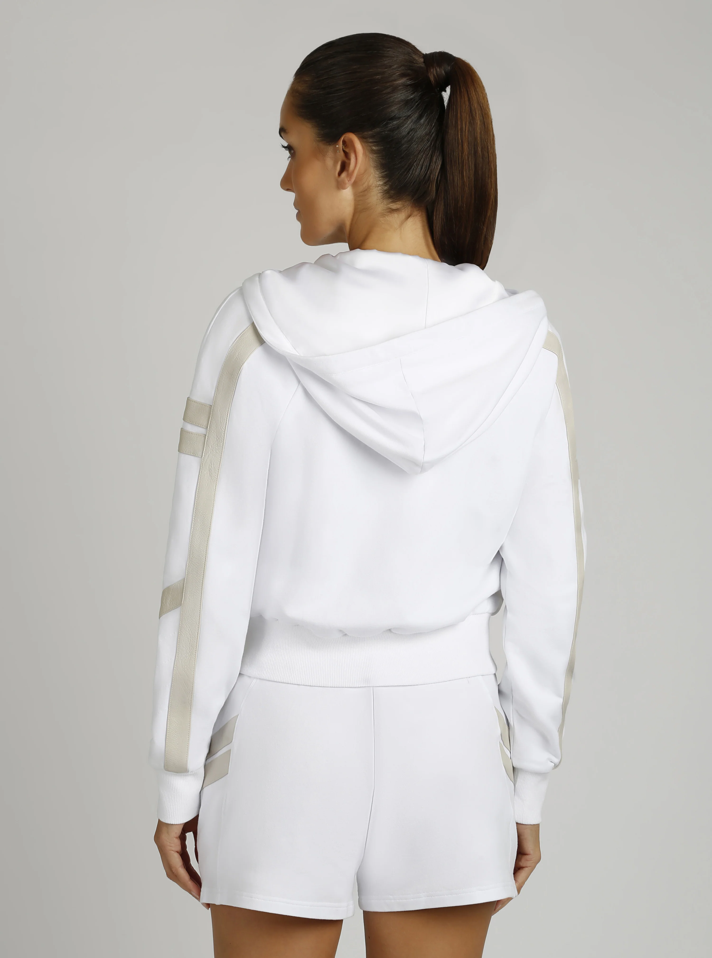 Maitri Cotton Stretch Full Zip Hoodie w/Gold Trims - Optic White with Pumice Detail - Image 2