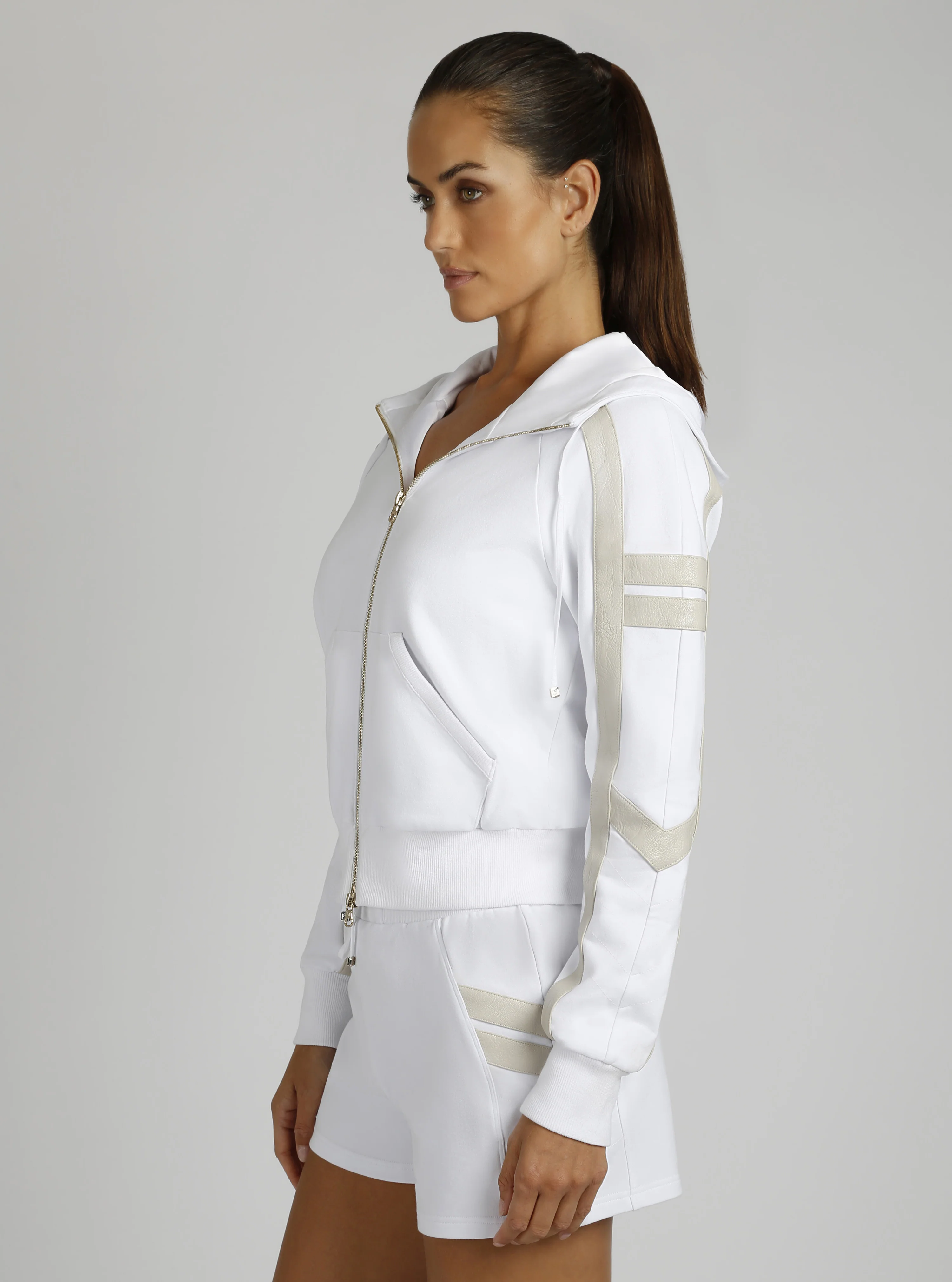 Maitri Cotton Stretch Full Zip Hoodie w/Gold Trims - Optic White with Pumice Detail - Image 3
