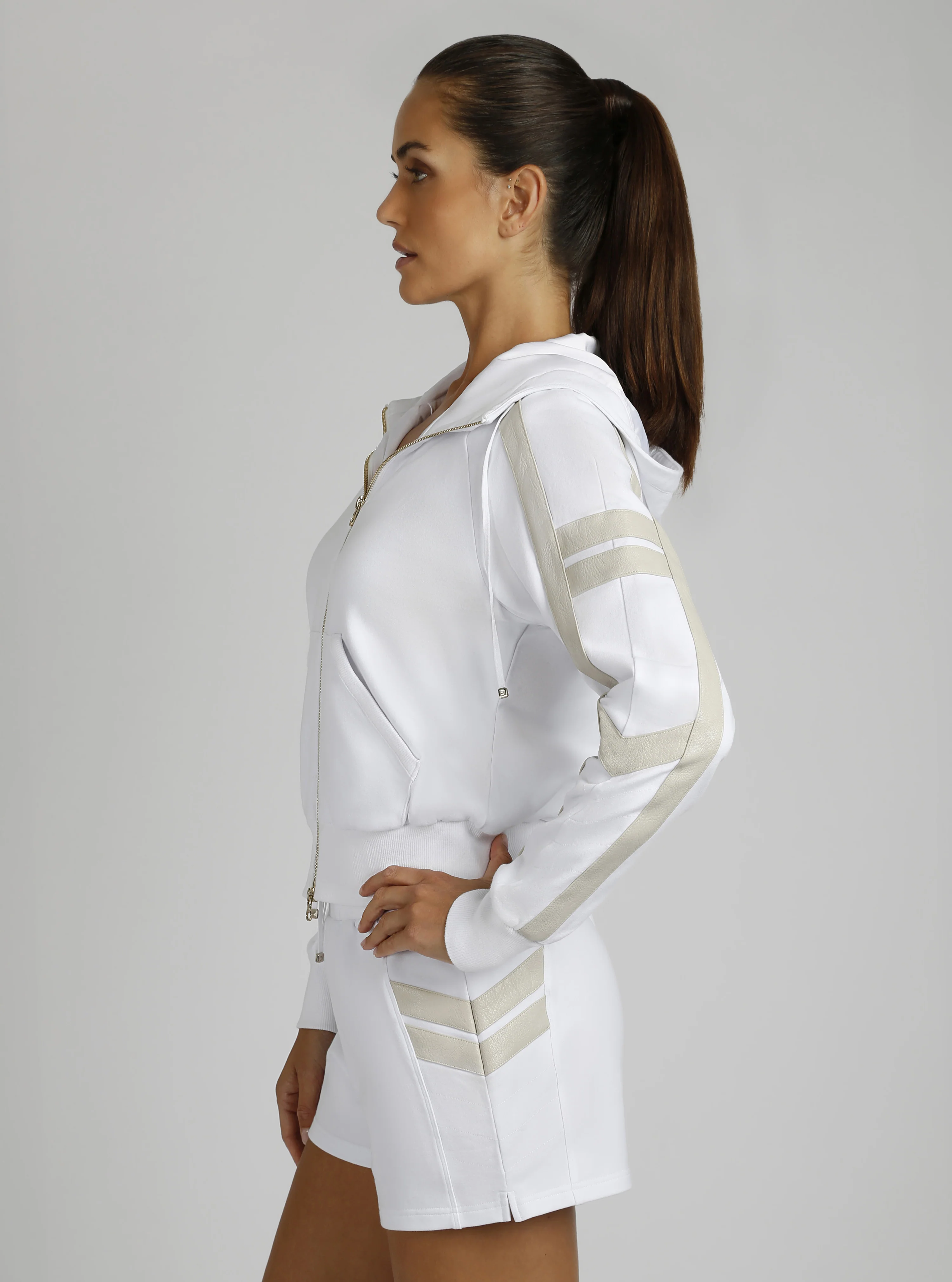 Maitri Cotton Stretch Full Zip Hoodie w/Gold Trims - Optic White with Pumice Detail - Image 4
