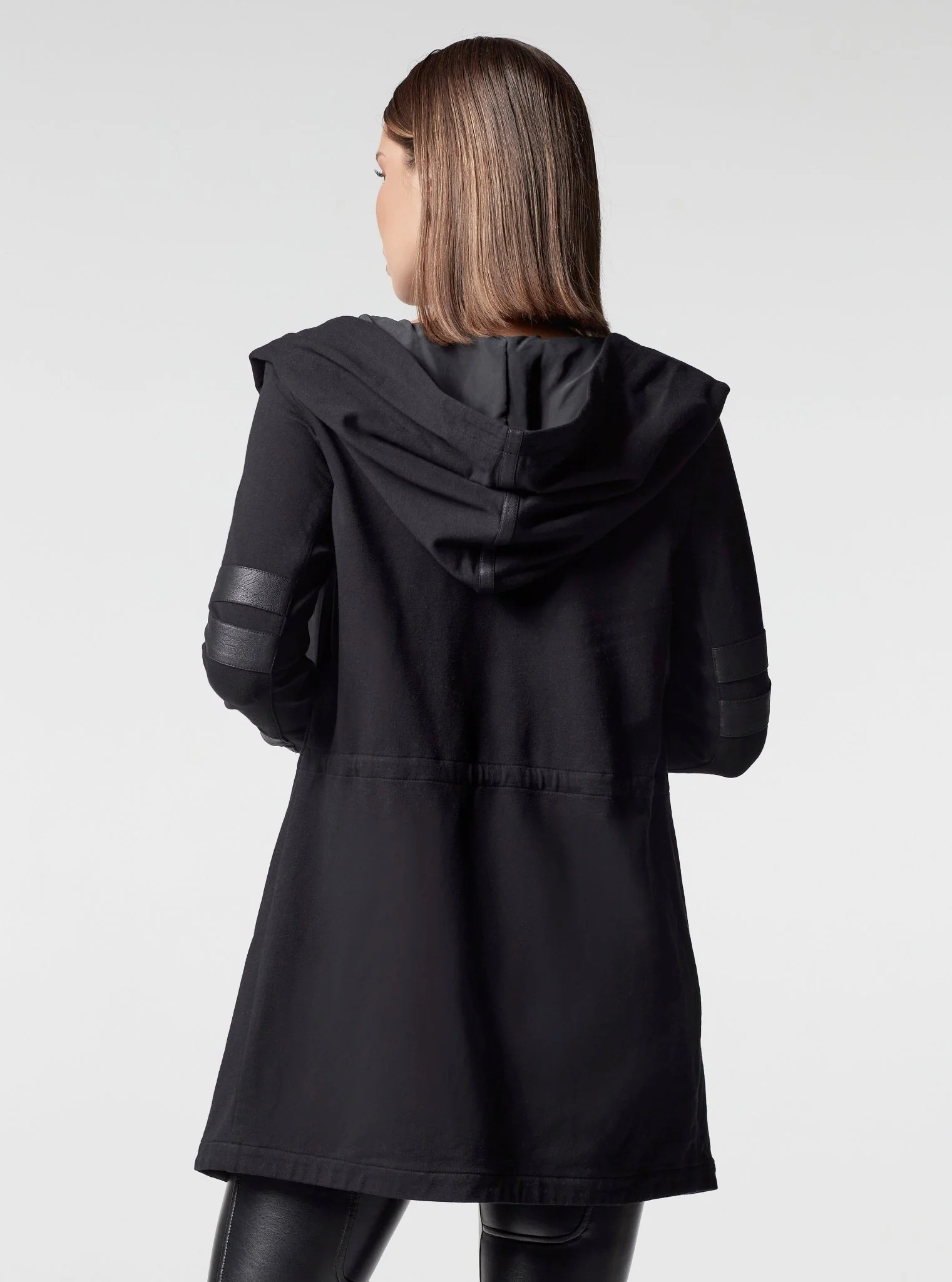 Maitri Stretch Wrap Traveler Jacket with Silk Lined Hood and Vegan Leather Details Black/Black - Image 3