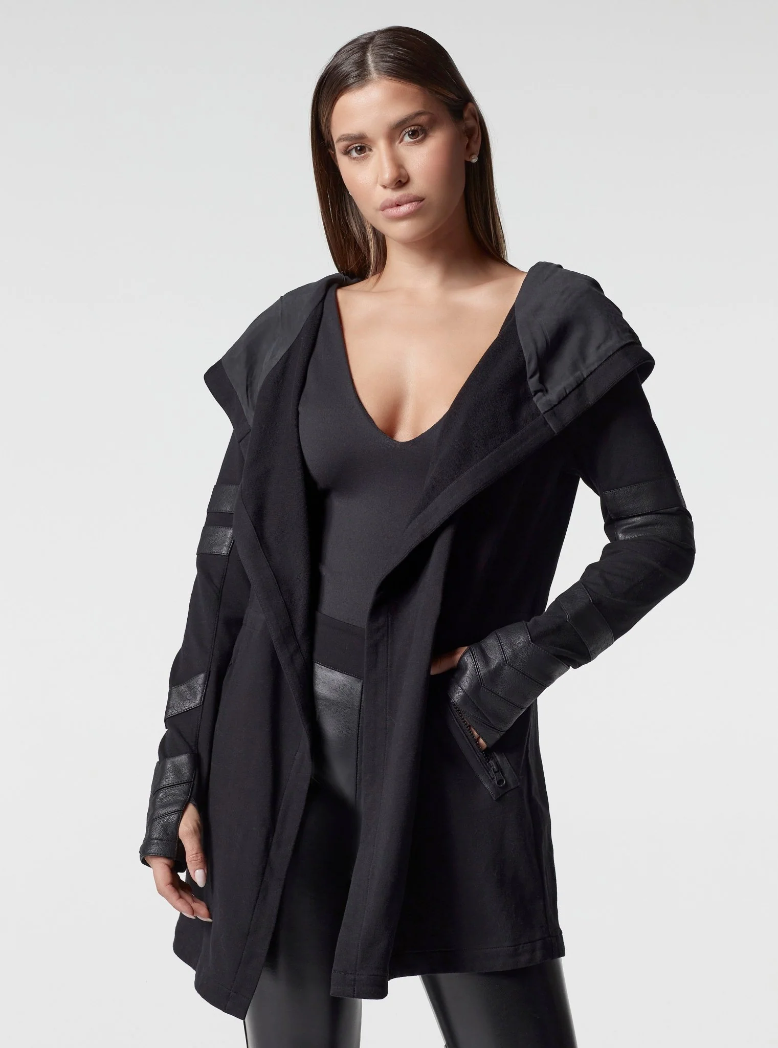 Maitri Stretch Wrap Traveler Jacket with Silk Lined Hood and Vegan Leather Details Black/Black - Image 4