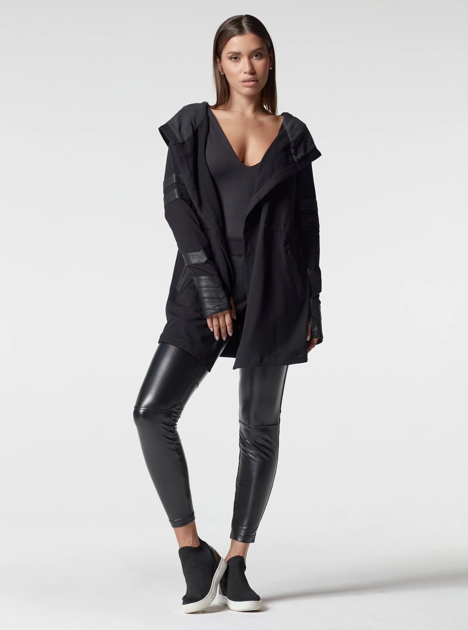 Maitri Stretch Wrap Traveler Jacket with Silk Lined Hood and Vegan Leather Details Black/Black - Image 5