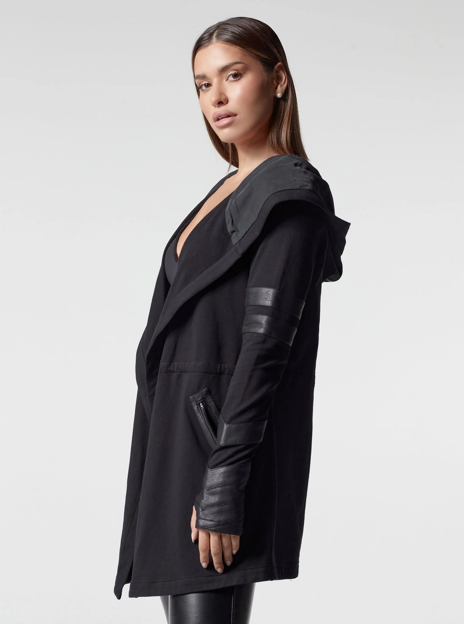 Maitri Stretch Wrap Traveler Jacket with Silk Lined Hood and Vegan Leather Details Black/Black - Image 7