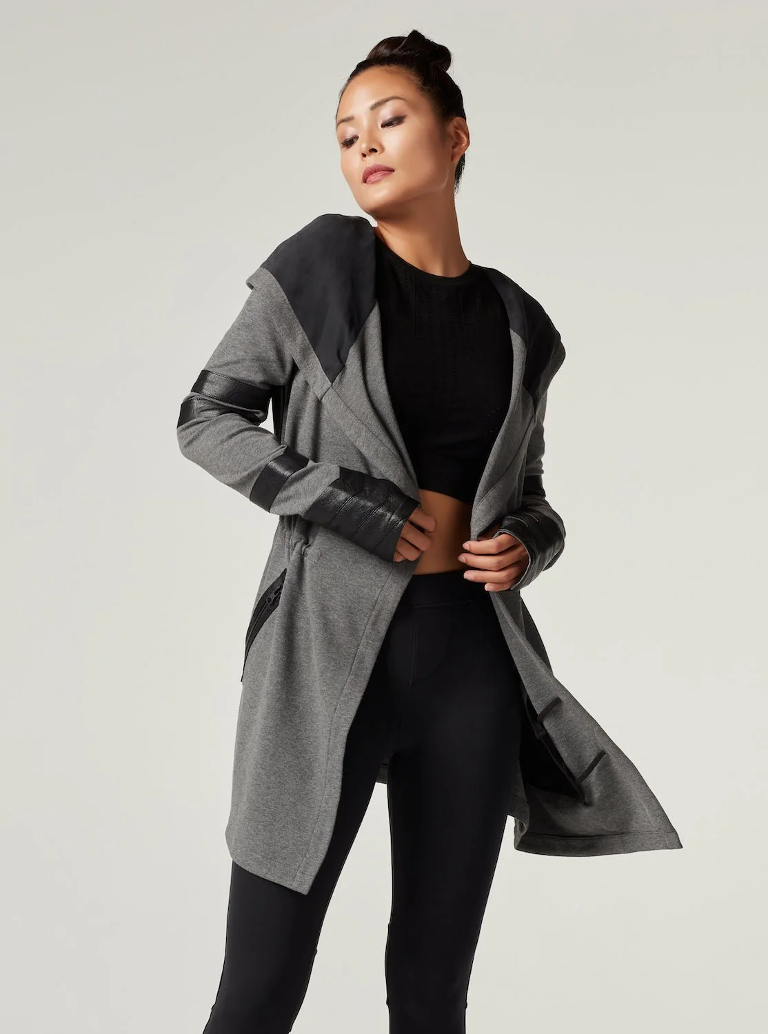 Maitri Stretch Wrap Traveler Jacket with Silk Lined Hood and Vegan Leather Details - Grey FINAL SALE - Image 10