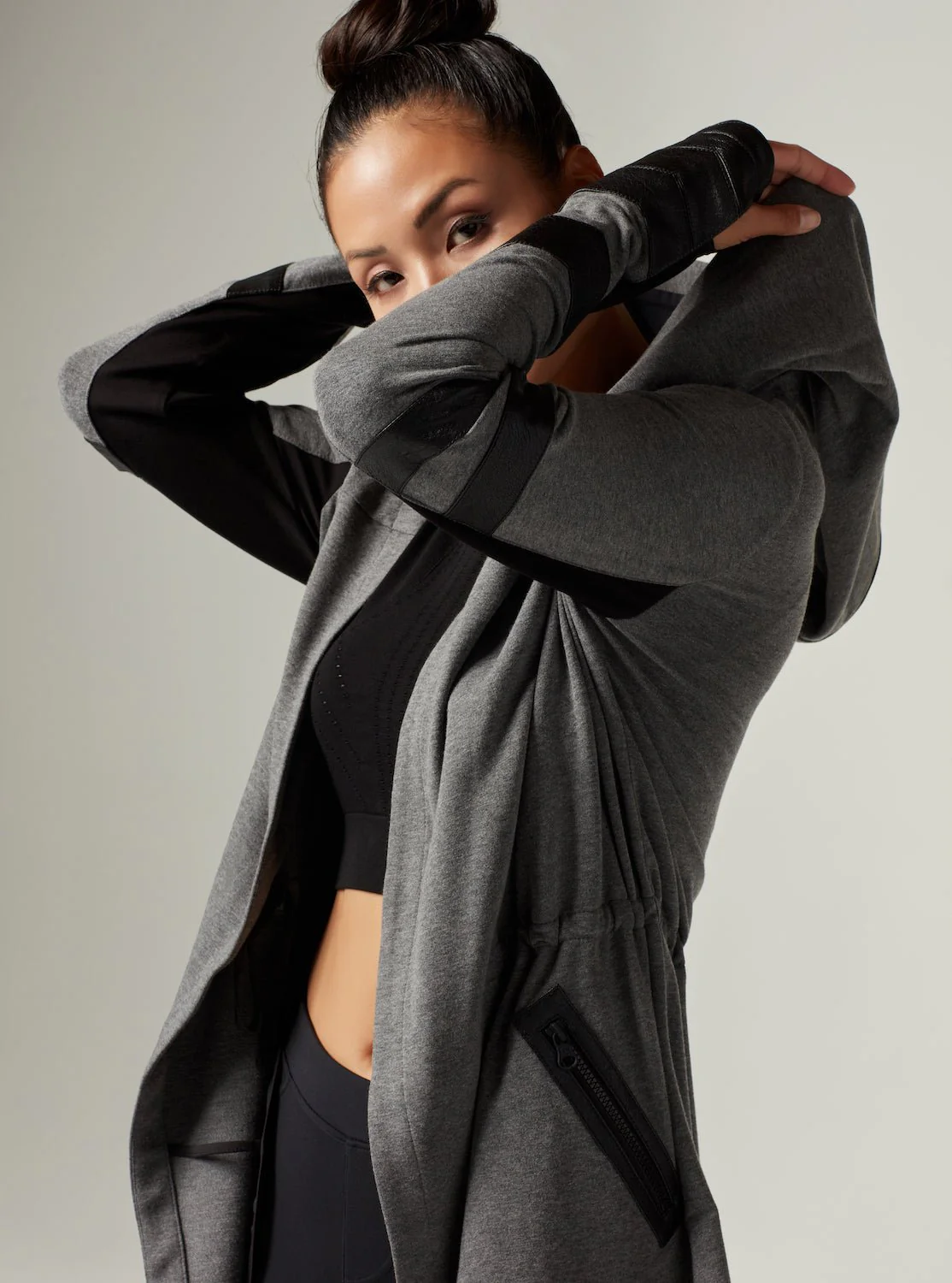 Maitri Stretch Wrap Traveler Jacket with Silk Lined Hood and Vegan Leather Details - Grey FINAL SALE - Image 3