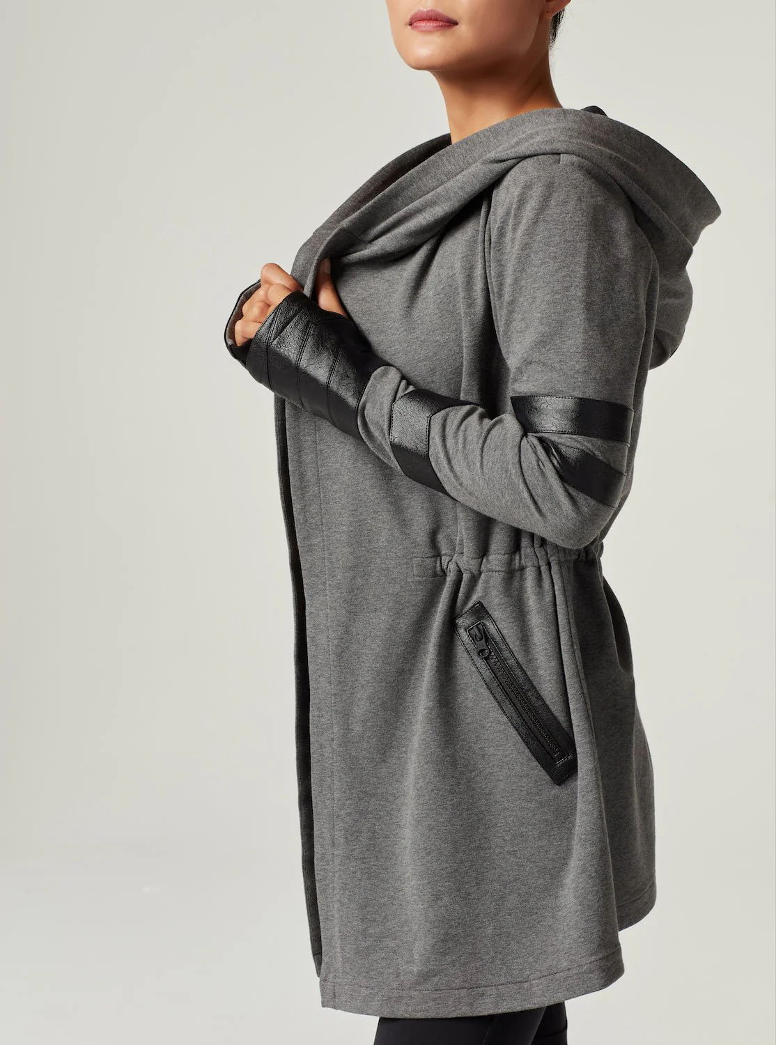 Maitri Stretch Wrap Traveler Jacket with Silk Lined Hood and Vegan Leather Details - Grey FINAL SALE - Image 4