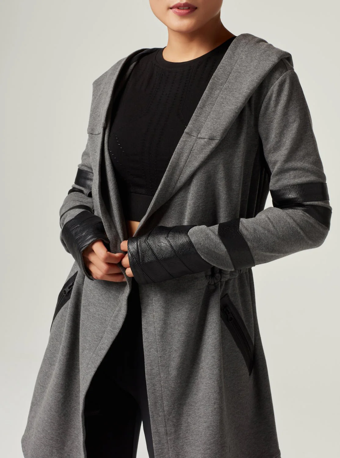 Maitri Stretch Wrap Traveler Jacket with Silk Lined Hood and Vegan Leather Details - Grey FINAL SALE - Image 6