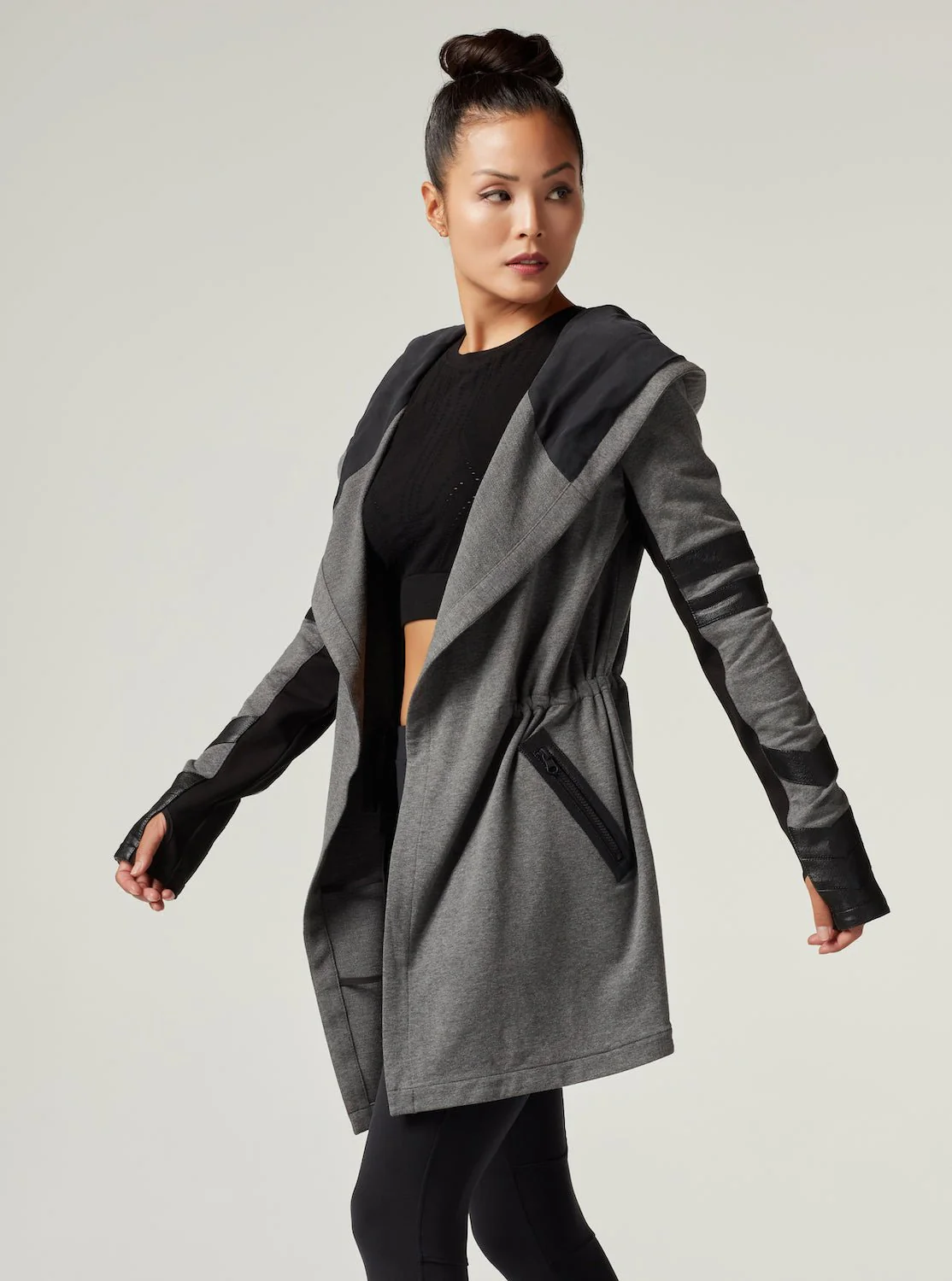 Maitri Stretch Wrap Traveler Jacket with Silk Lined Hood and Vegan Leather Details - Grey FINAL SALE - Image 7