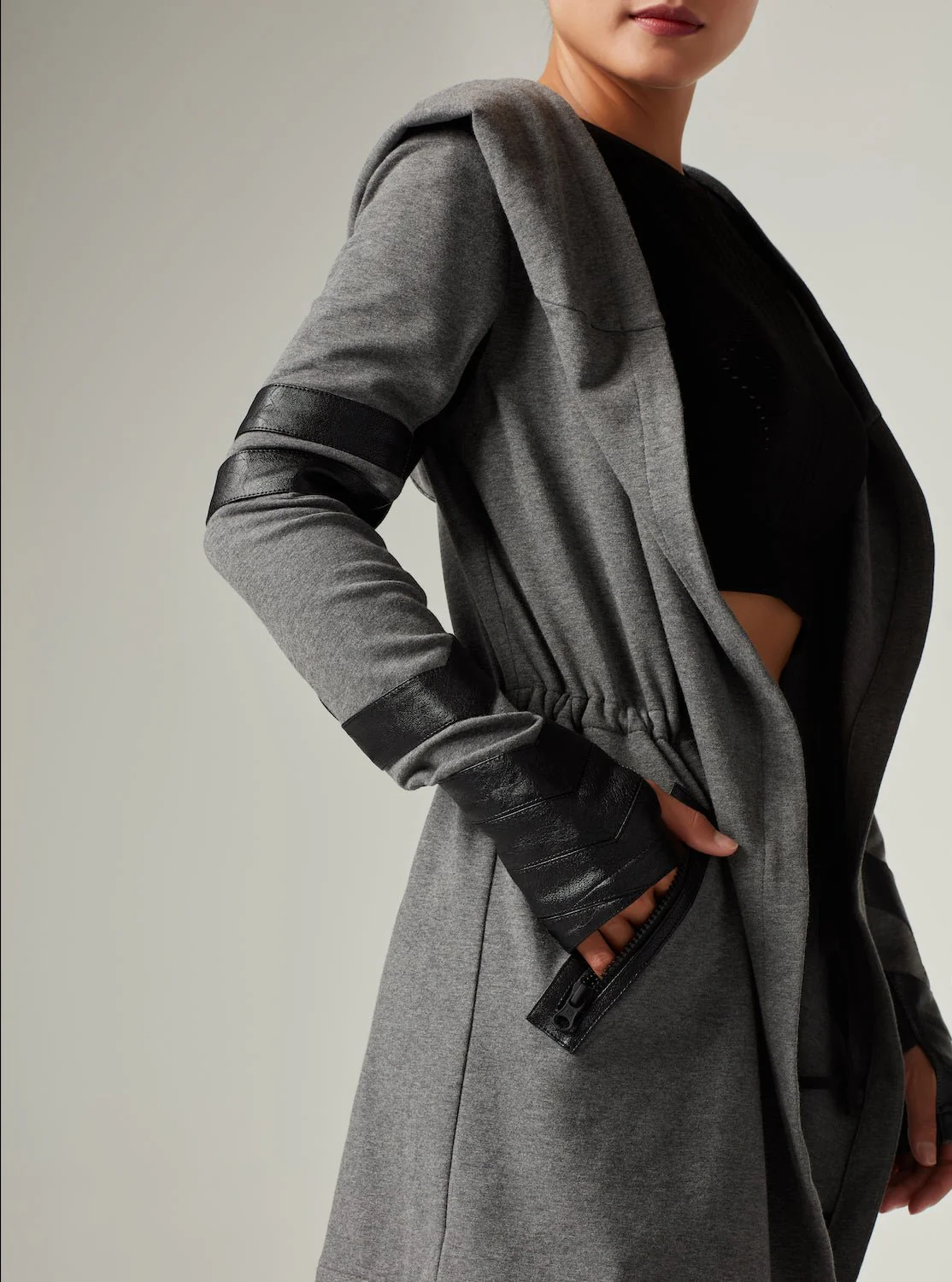 Maitri Stretch Wrap Traveler Jacket with Silk Lined Hood and Vegan Leather Details - Grey FINAL SALE - Image 8