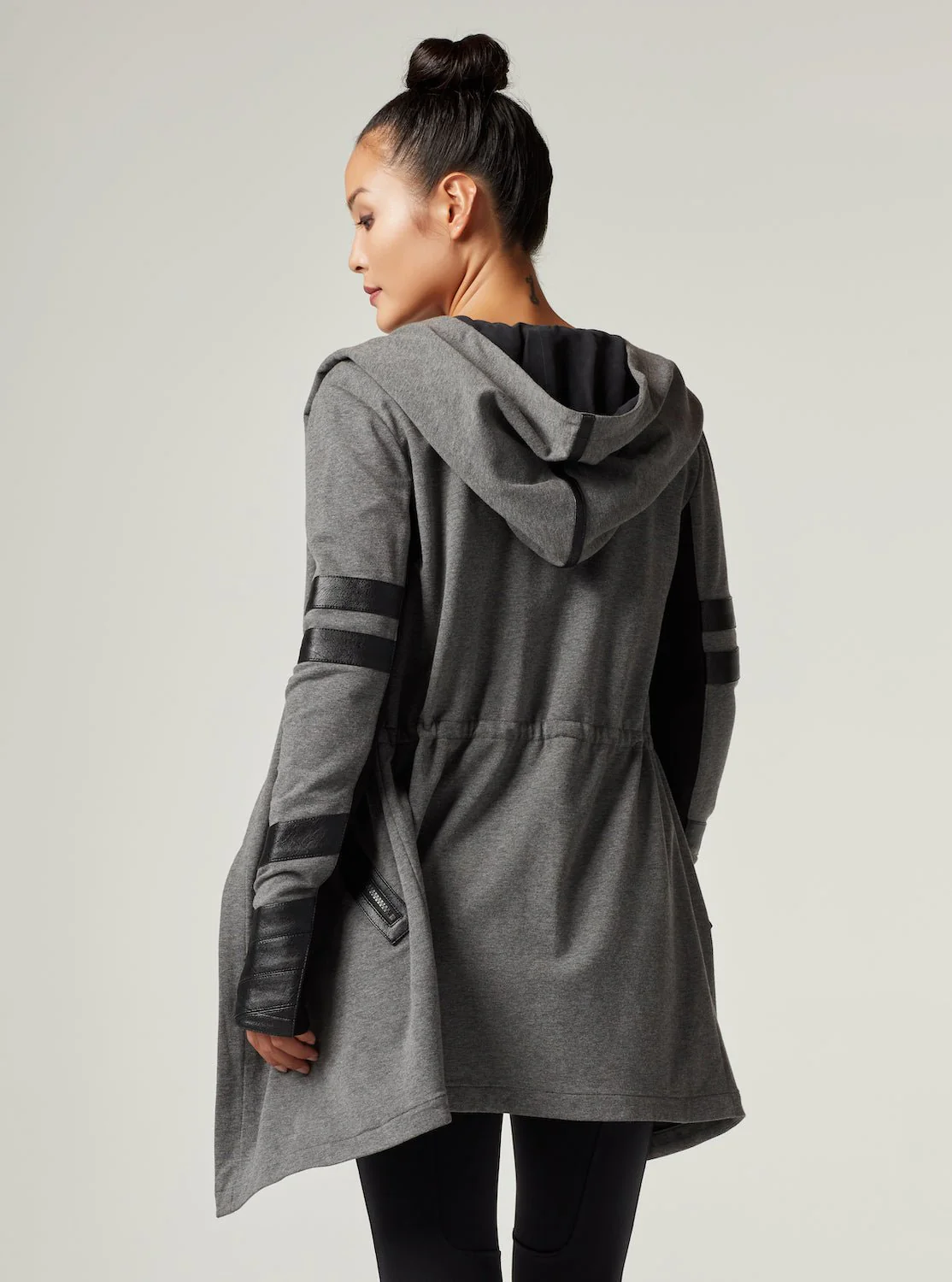 Maitri Stretch Wrap Traveler Jacket with Silk Lined Hood and Vegan Leather Details - Grey FINAL SALE - Image 9