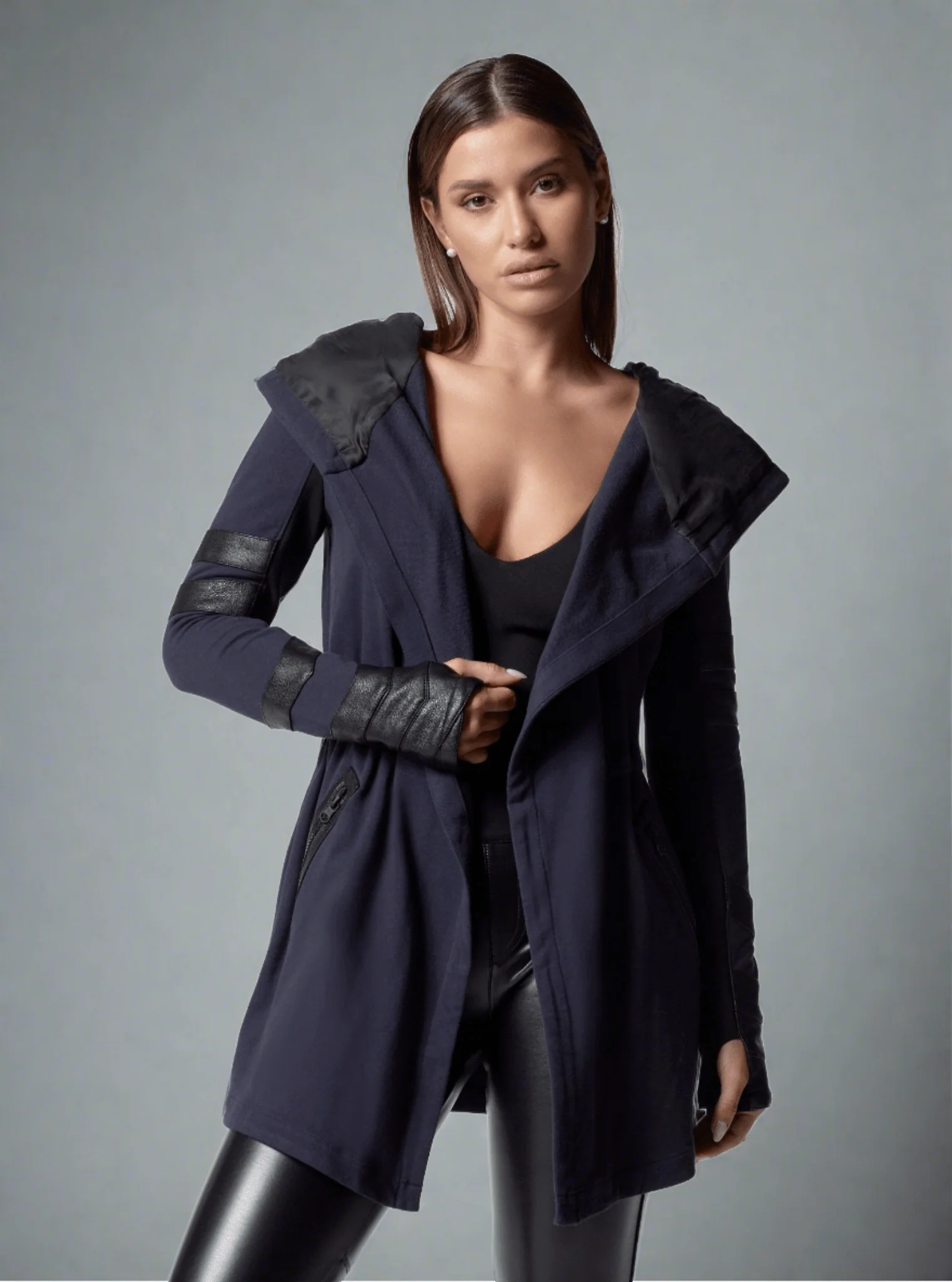 Maitri Stretch Wrap Traveler Jacket - with Silk Lined Hood and Vegan Leather Details Limited Edition Patriot Blue FINAL SALE - Image 3