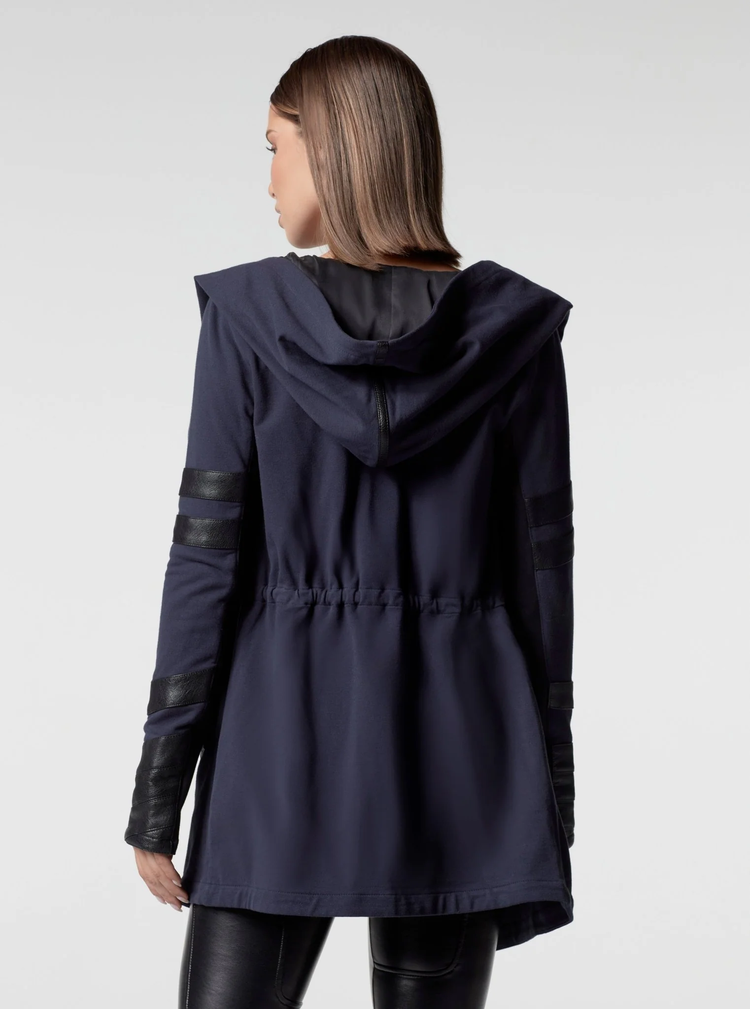 Maitri Stretch Wrap Traveler Jacket - with Silk Lined Hood and Vegan Leather Details Limited Edition Patriot Blue FINAL SALE - Image 4