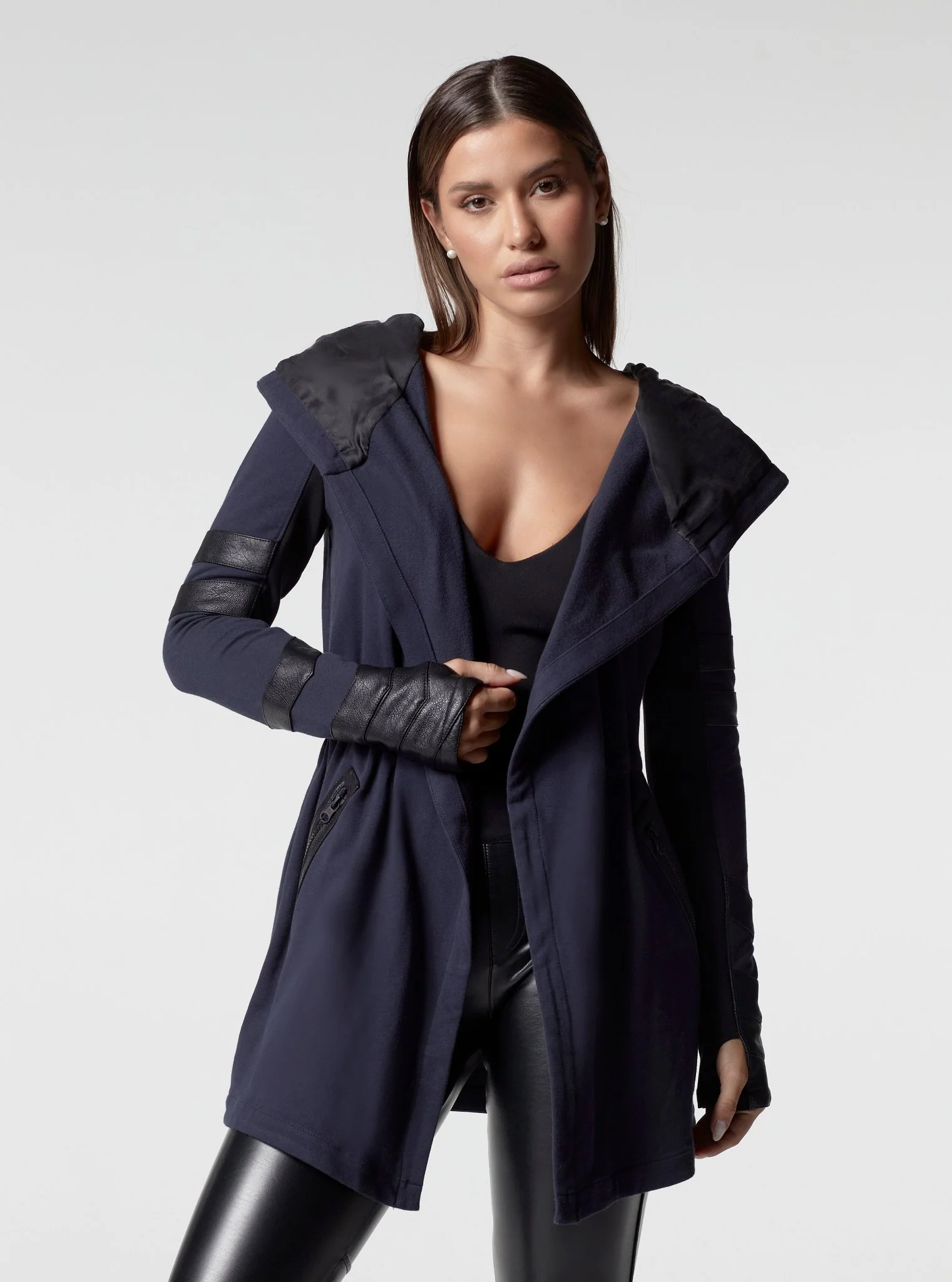 Maitri Stretch Wrap Traveler Jacket - with Silk Lined Hood and Vegan Leather Details Limited Edition Patriot Blue FINAL SALE - Image 5