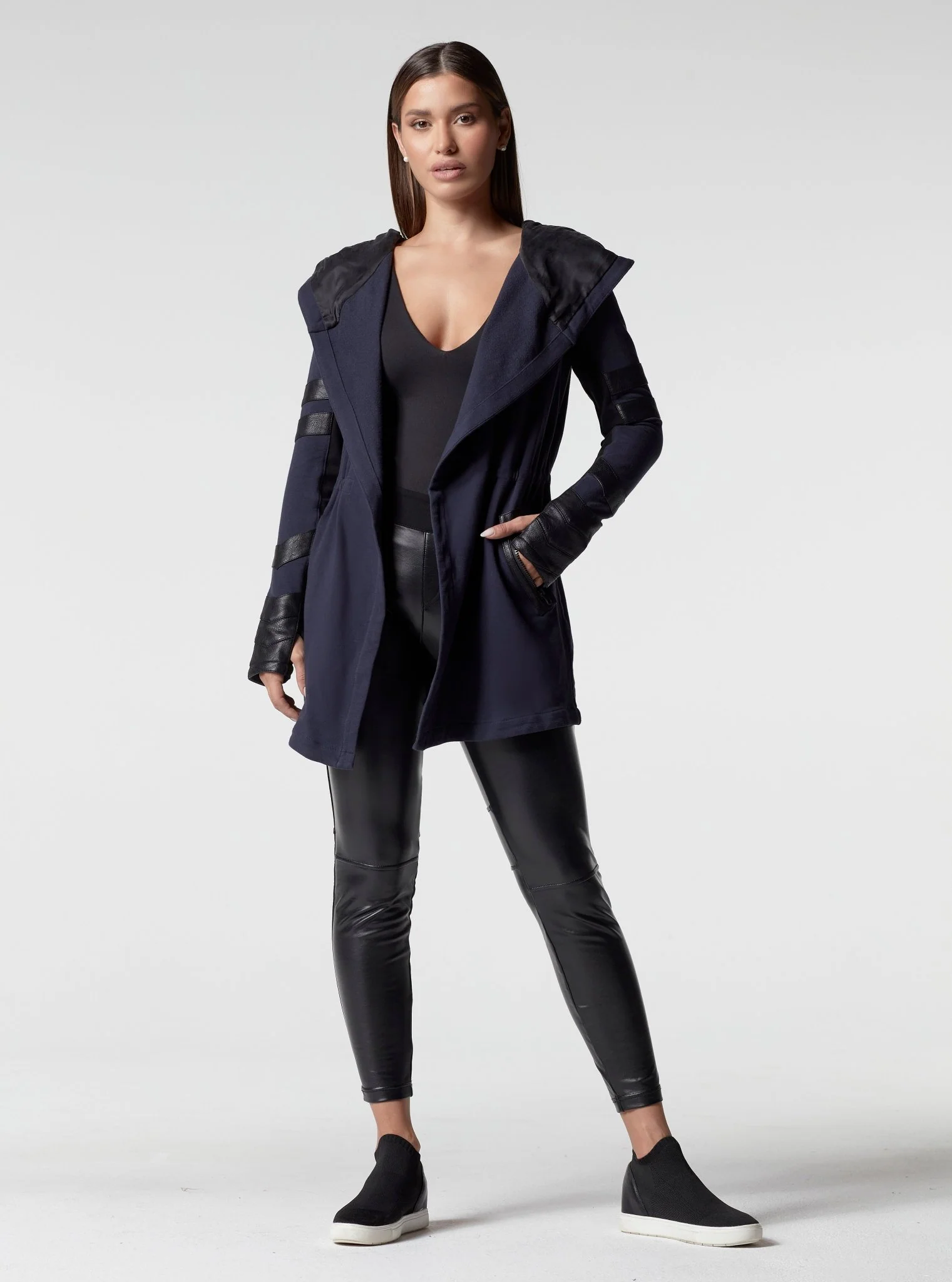Maitri Stretch Wrap Traveler Jacket - with Silk Lined Hood and Vegan Leather Details Limited Edition Patriot Blue FINAL SALE - Image 6