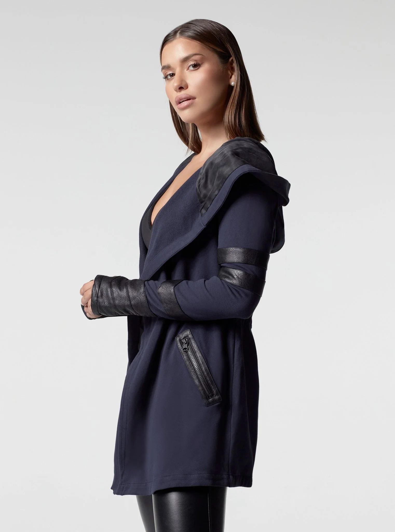 Maitri Stretch Wrap Traveler Jacket - with Silk Lined Hood and Vegan Leather Details Limited Edition Patriot Blue FINAL SALE - Image 7