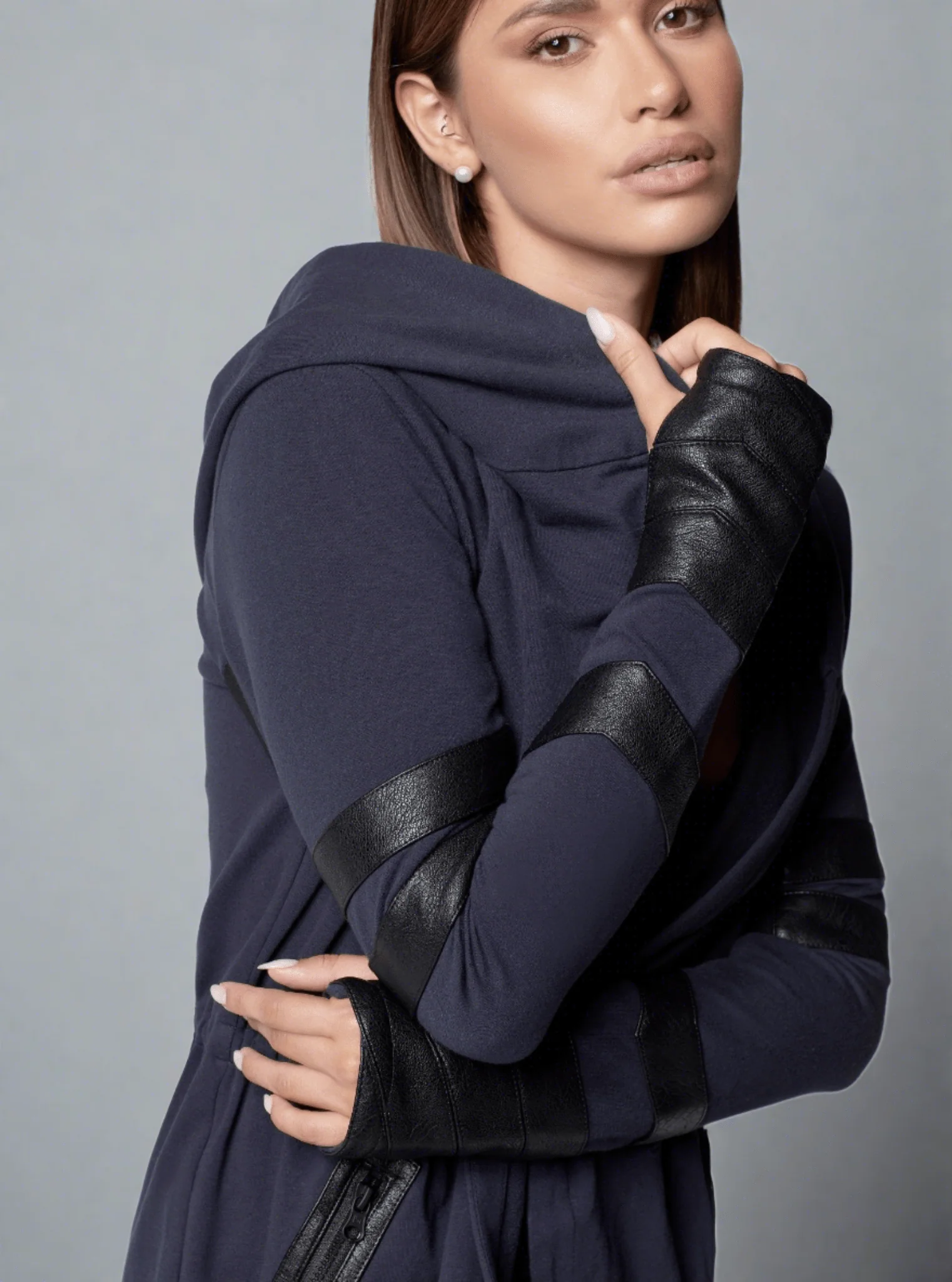 Maitri Stretch Wrap Traveler Jacket - with Silk Lined Hood and Vegan Leather Details Limited Edition Patriot Blue FINAL SALE - Image 8