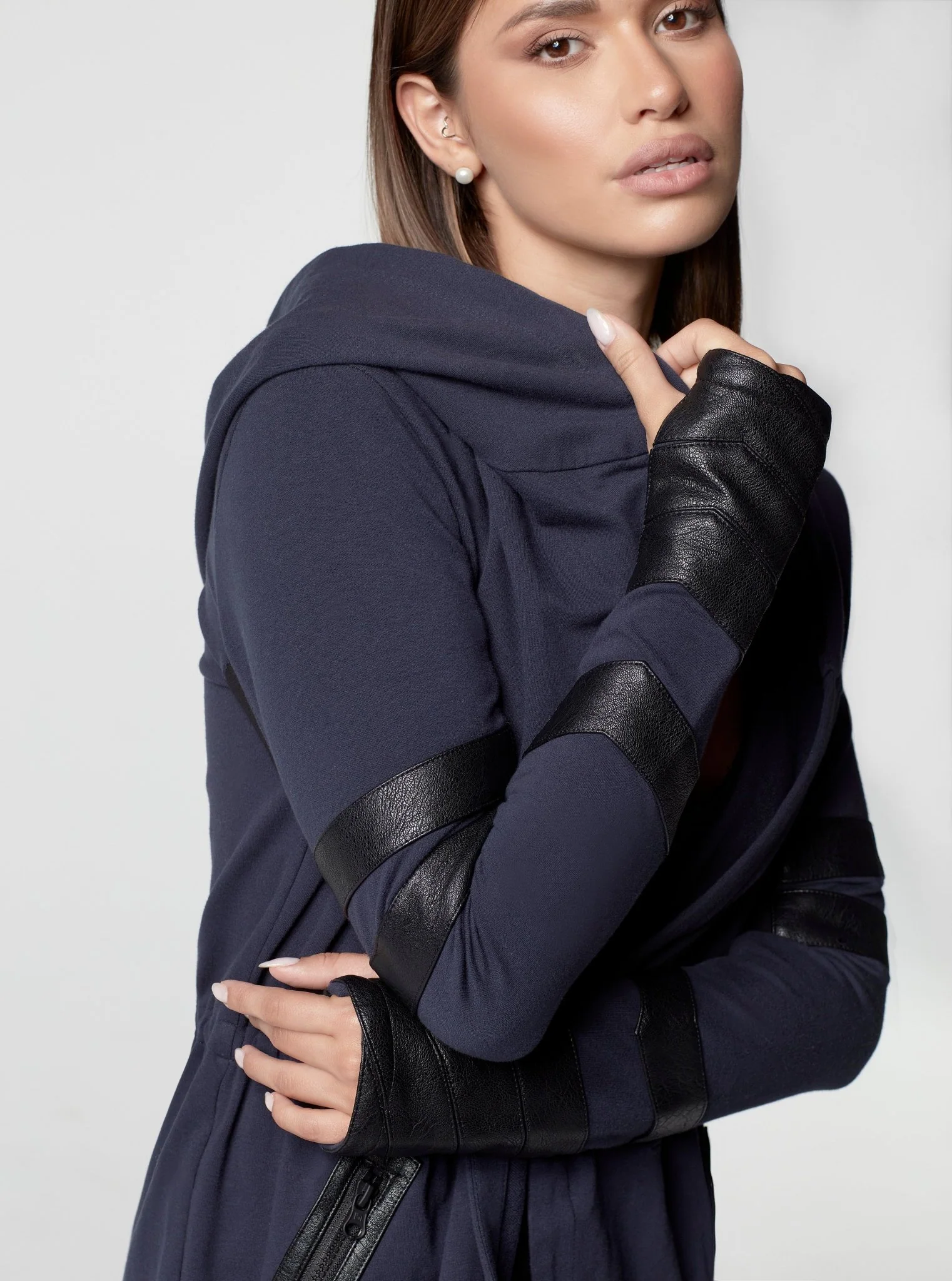 Maitri Stretch Wrap Traveler Jacket - with Silk Lined Hood and Vegan Leather Details Limited Edition Patriot Blue FINAL SALE - Image 9