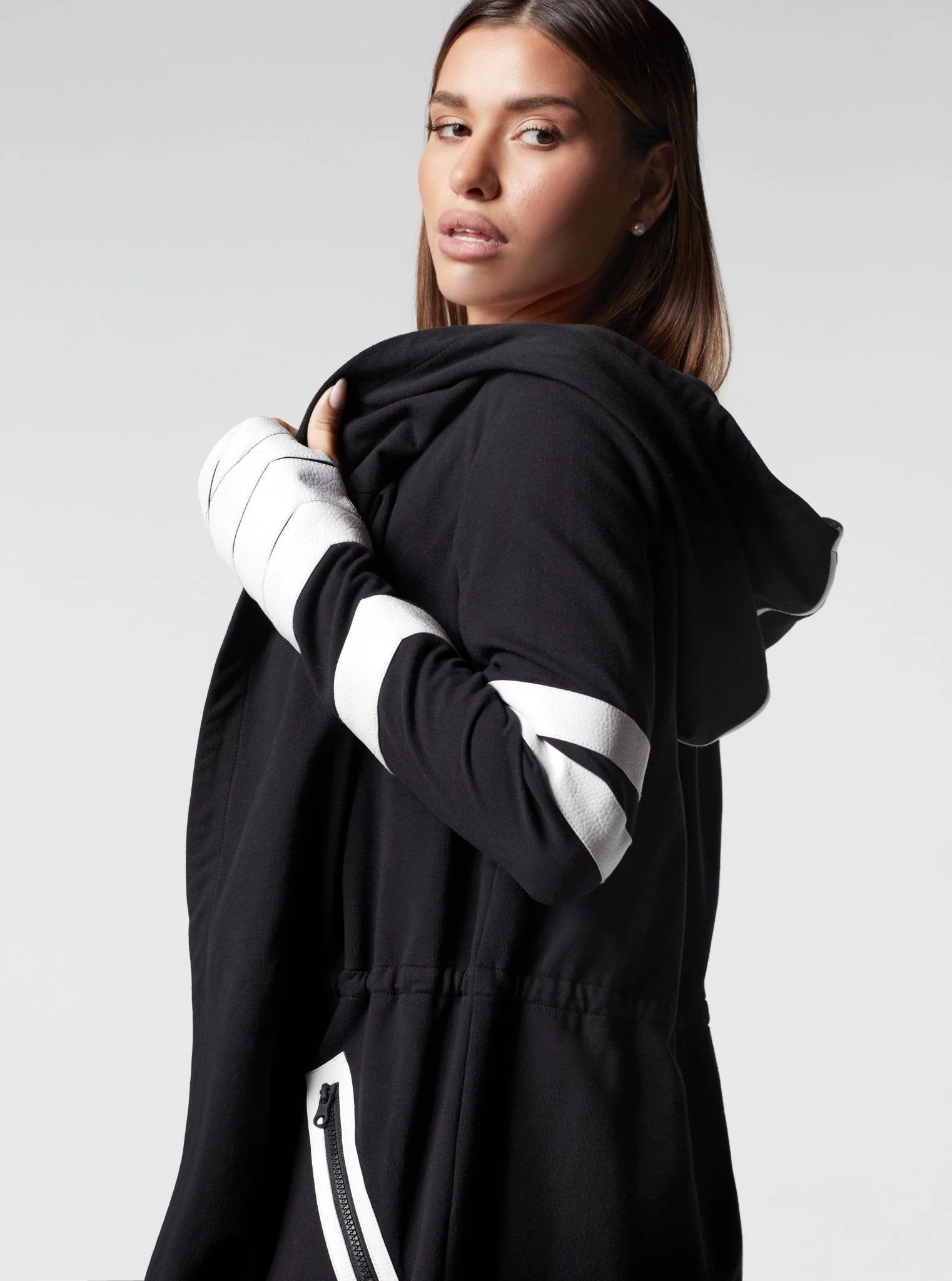 Maitri Stretch Wrap Traveler Jacket with Silk Lined Hood Black/White Vegan Leather Details - Image 6