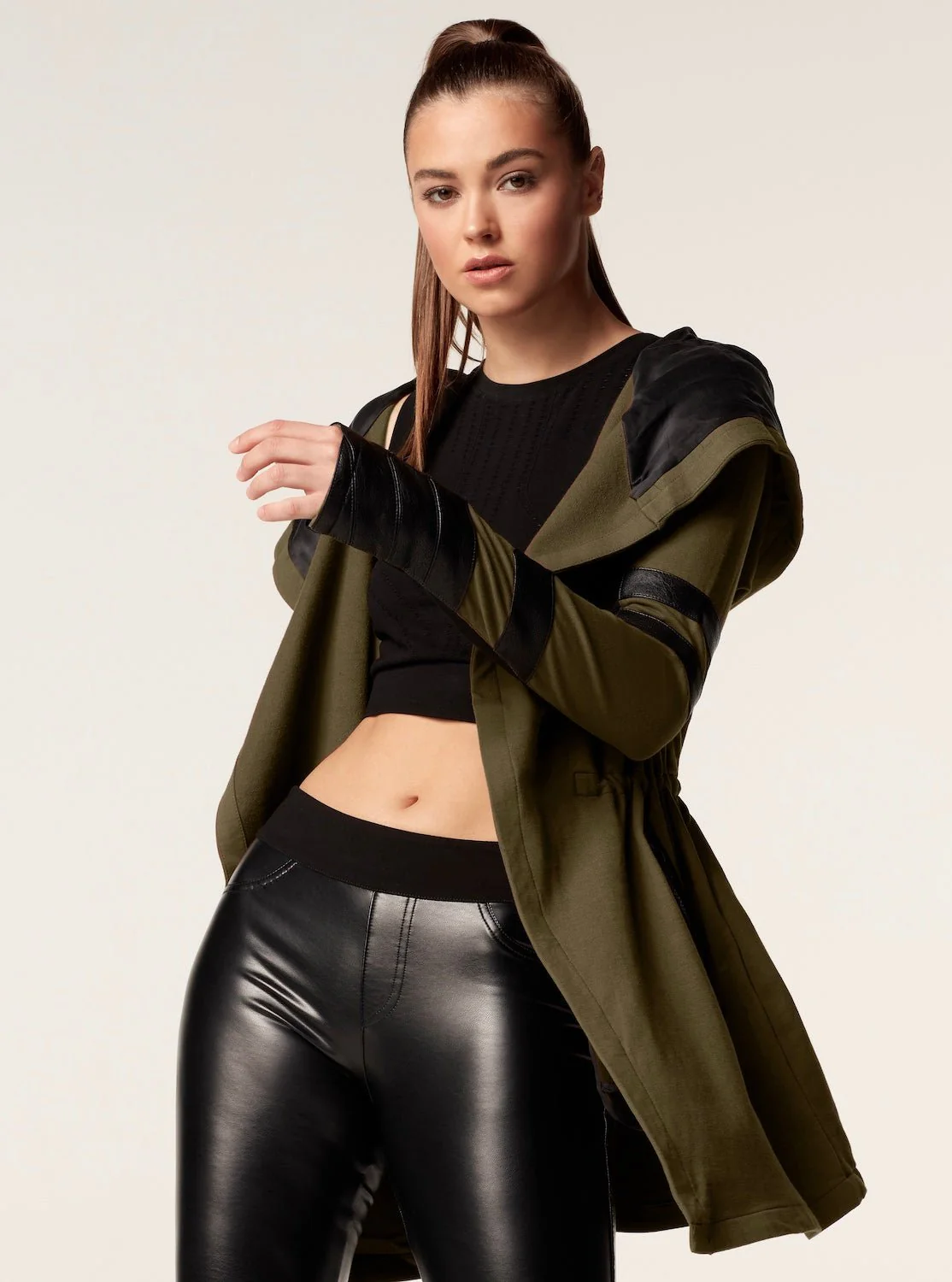 Maitri Stretch Wrap Traveler Jacket with Silk Lined Hood Vegan Leather Details - Olive FINAL SALE - Image 3