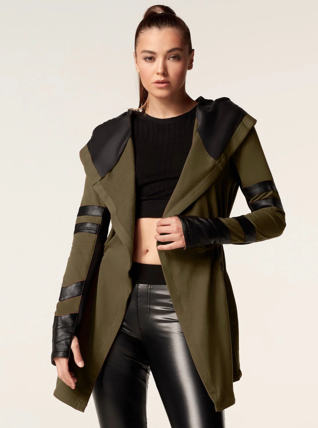 Maitri Stretch Wrap Traveler Jacket with Silk Lined Hood Vegan Leather Details - Olive FINAL SALE - Image 5