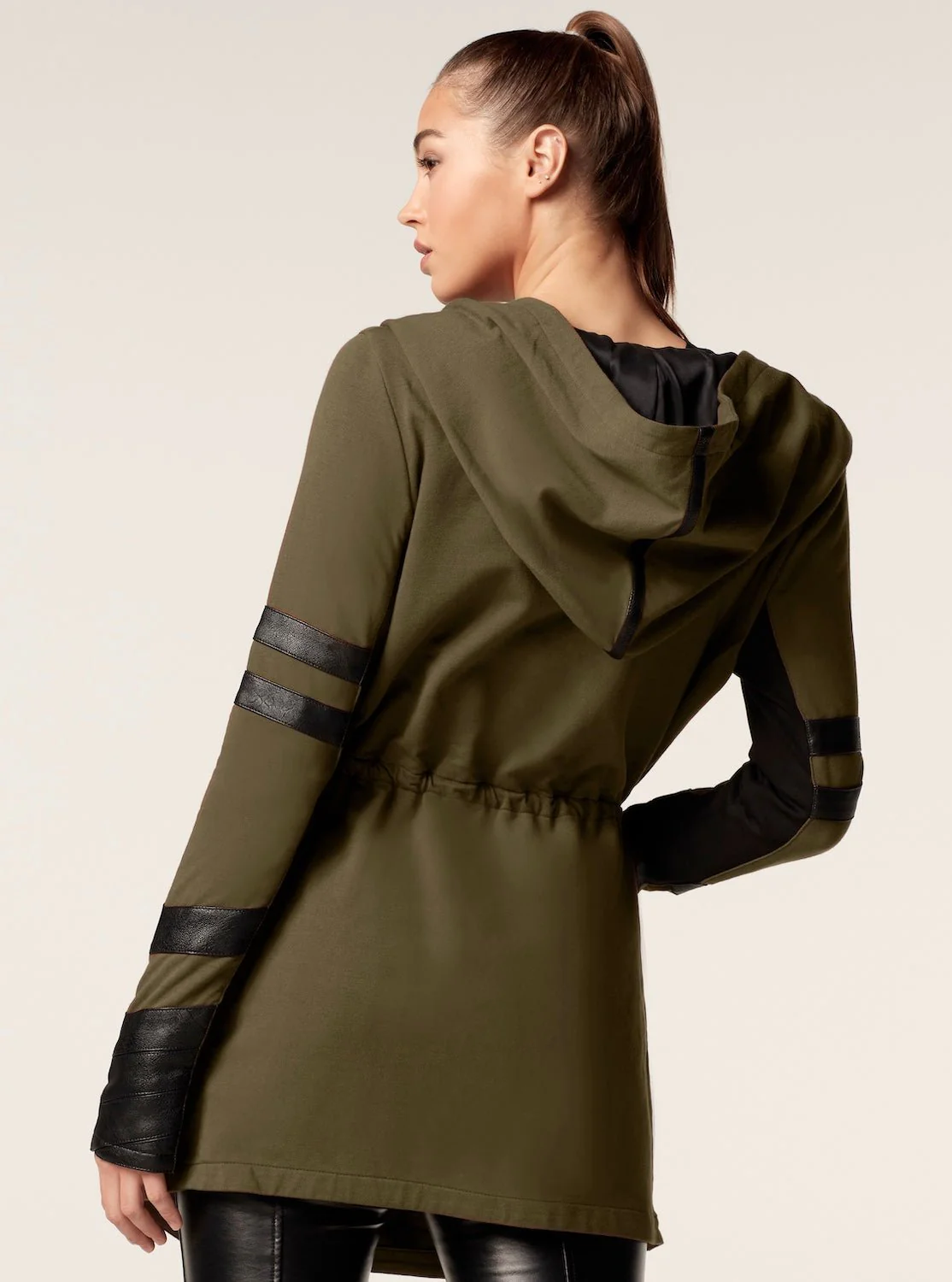 Maitri Stretch Wrap Traveler Jacket with Silk Lined Hood Vegan Leather Details - Olive FINAL SALE - Image 6