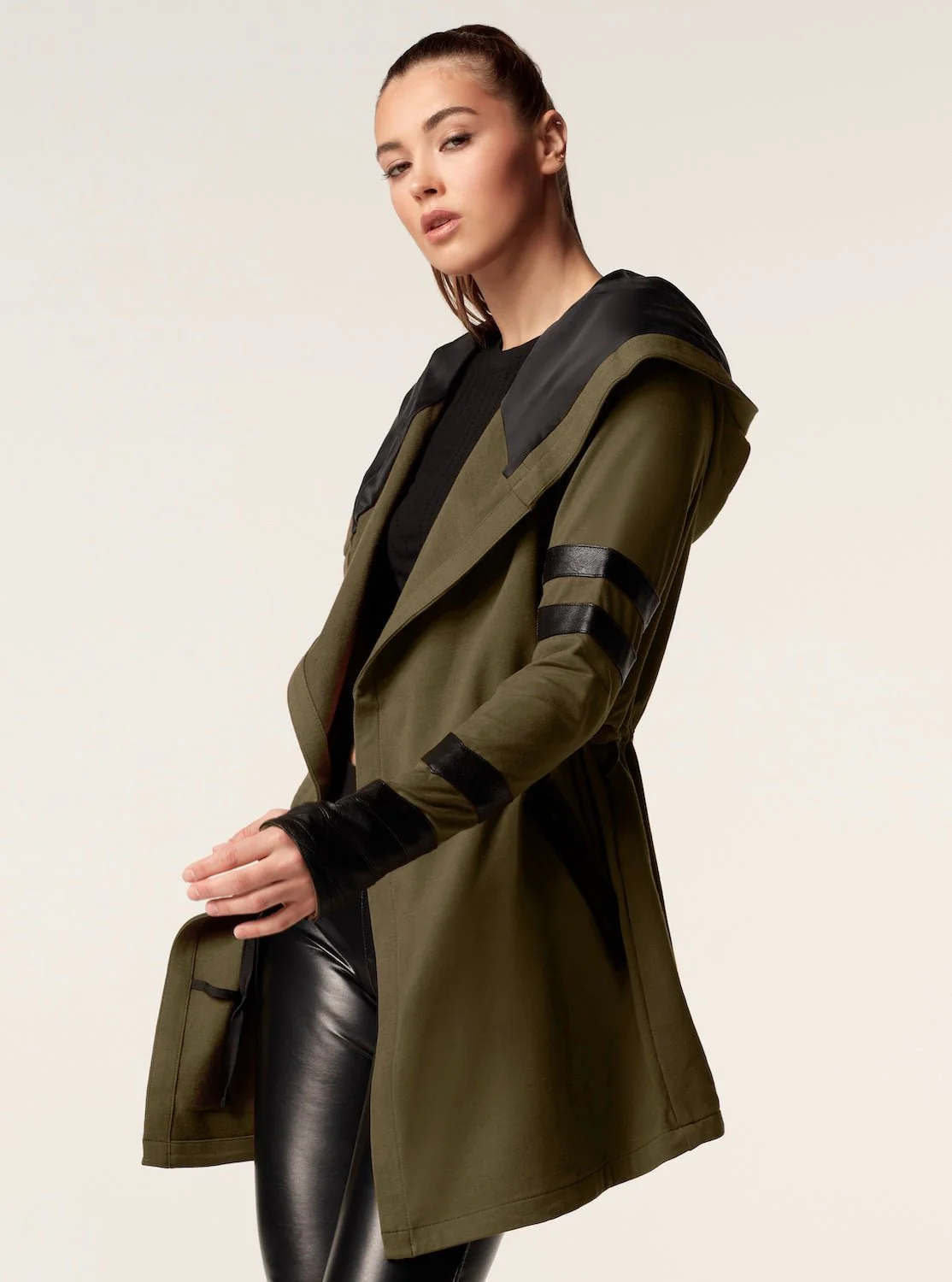 Maitri Stretch Wrap Traveler Jacket with Silk Lined Hood Vegan Leather Details - Olive FINAL SALE - Image 7