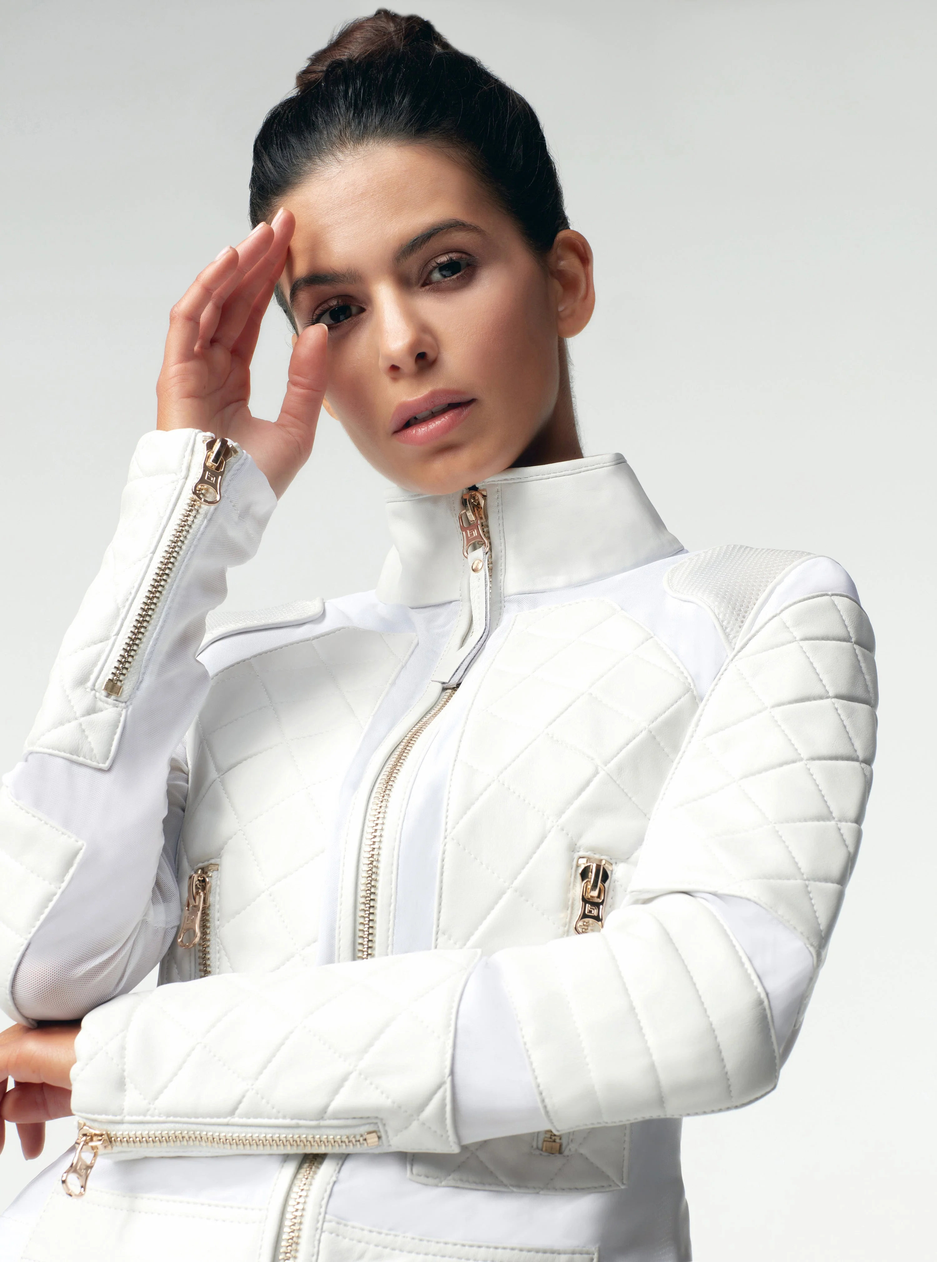 Mesh Moto Jacket Gold Trims - White/Gold - Image 2