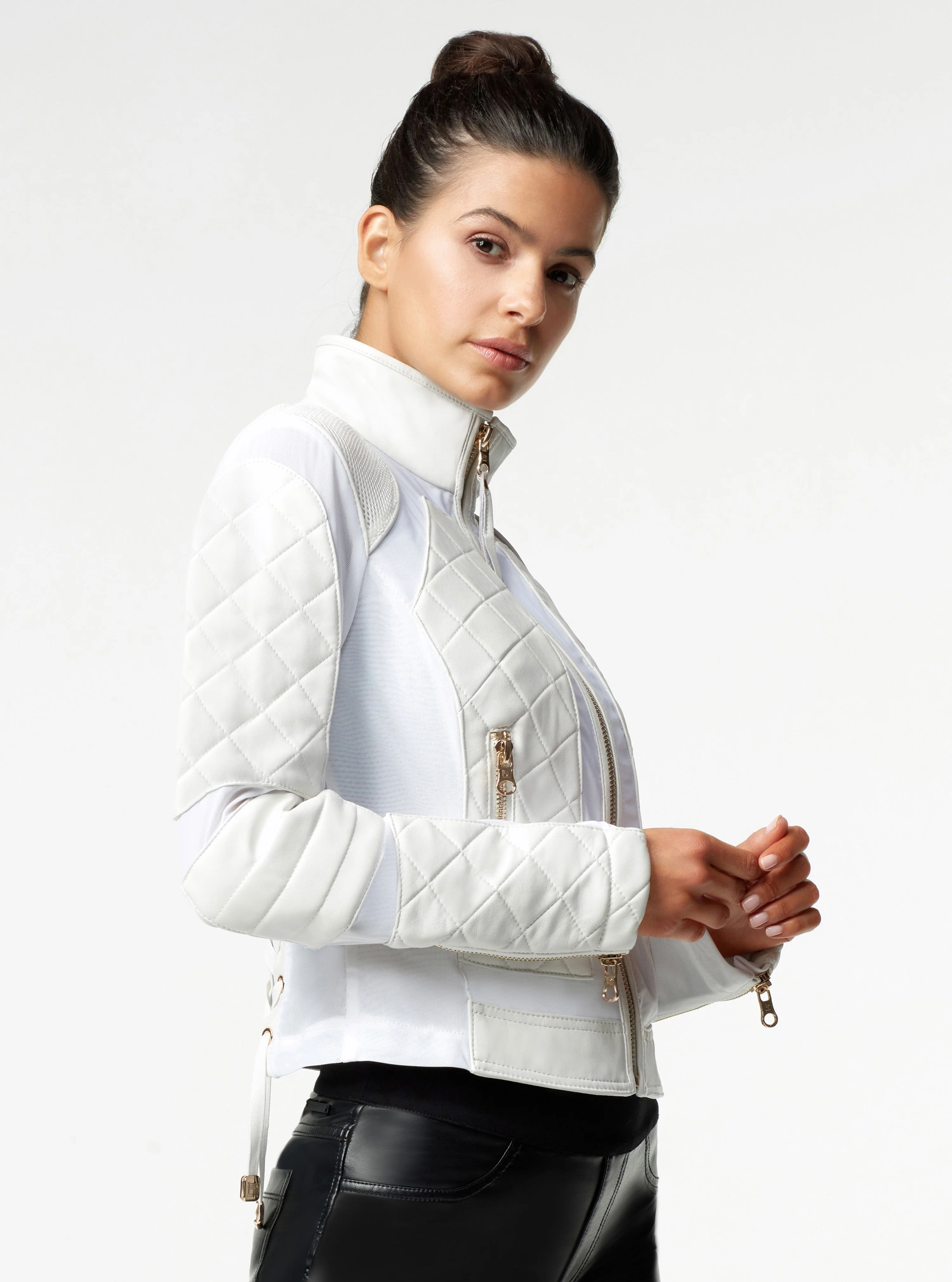 Mesh Moto Jacket Gold Trims - White/Gold - Image 5
