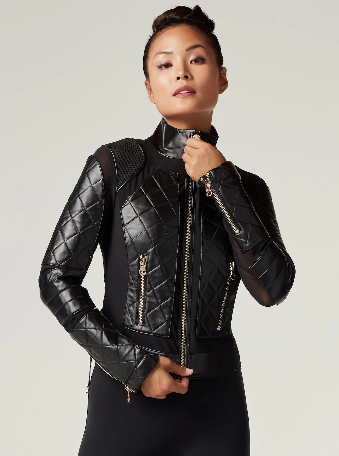 Mesh Moto Jacket with Black Leather & Gold Trims - Gold Collection with Lace Up Back - Image 4