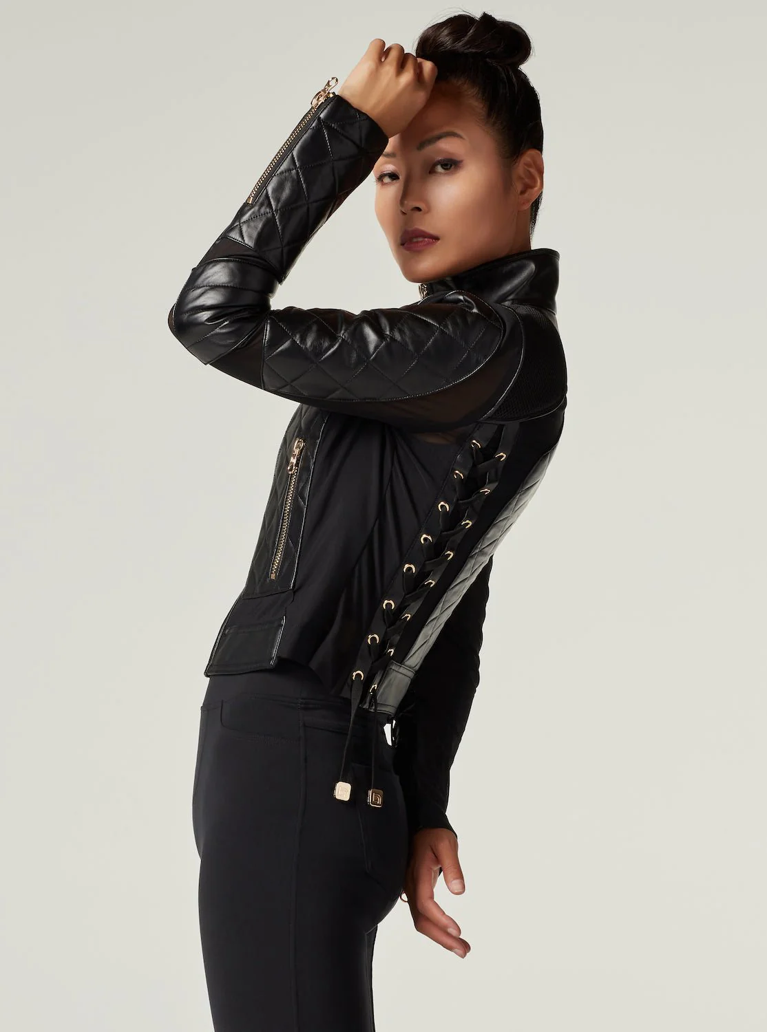 Mesh Moto Jacket with Black Leather & Gold Trims - Gold Collection with Lace Up Back - Image 7